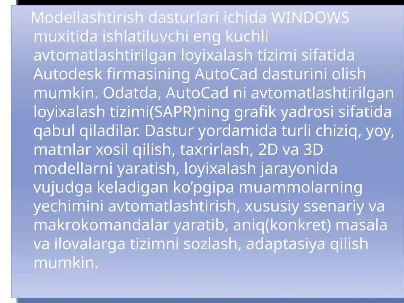 KOMPYUTER GRAFIKASI DASTURLARI ‘’AUTO CAD VA MATH CAD’’ DASRURLARI BILAN TANISHISH 4