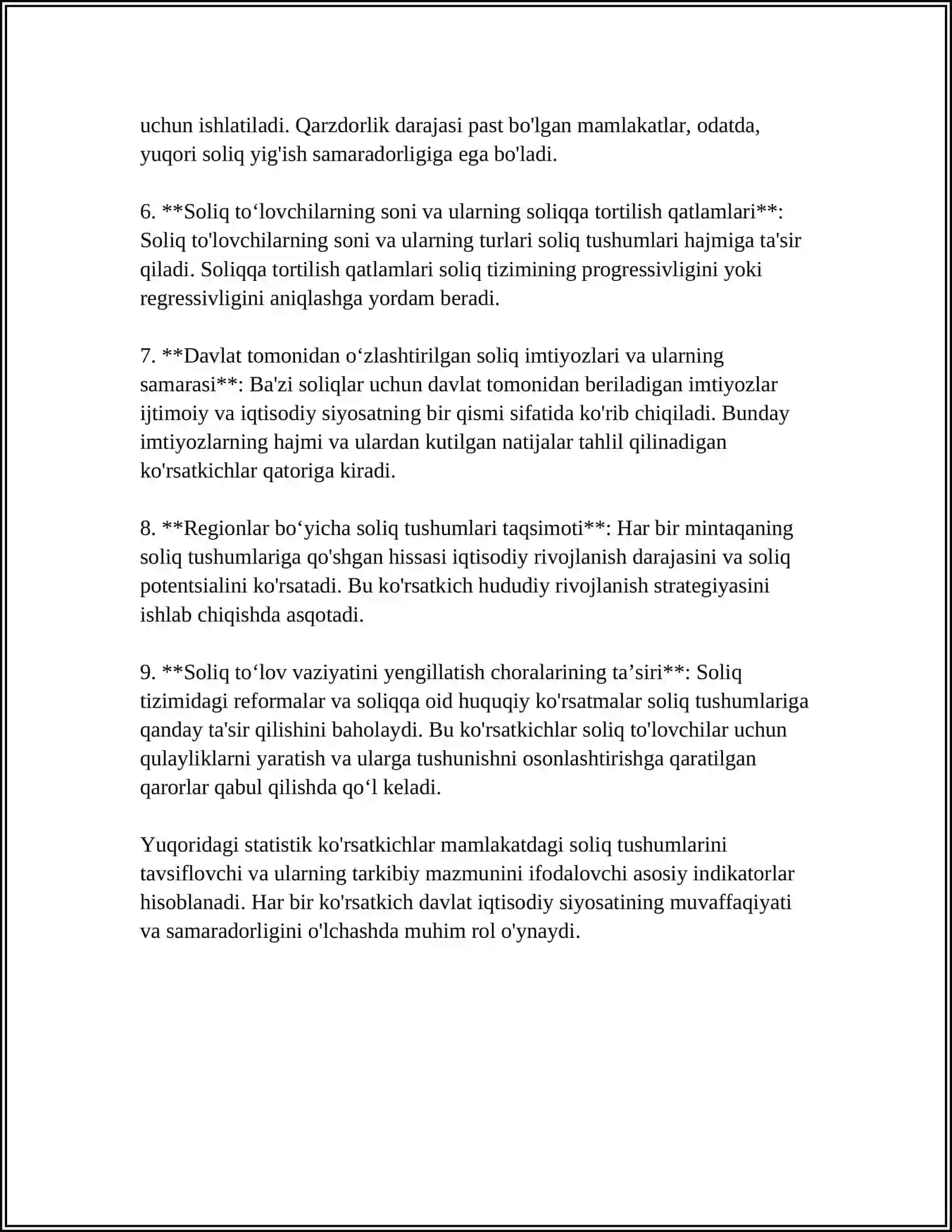 SOLIQ TUSHUMLARINI TAVSIFLOVCHI STATISTIK KOʻRSATKICHLAR VA ULARNING MAZMUNI 4