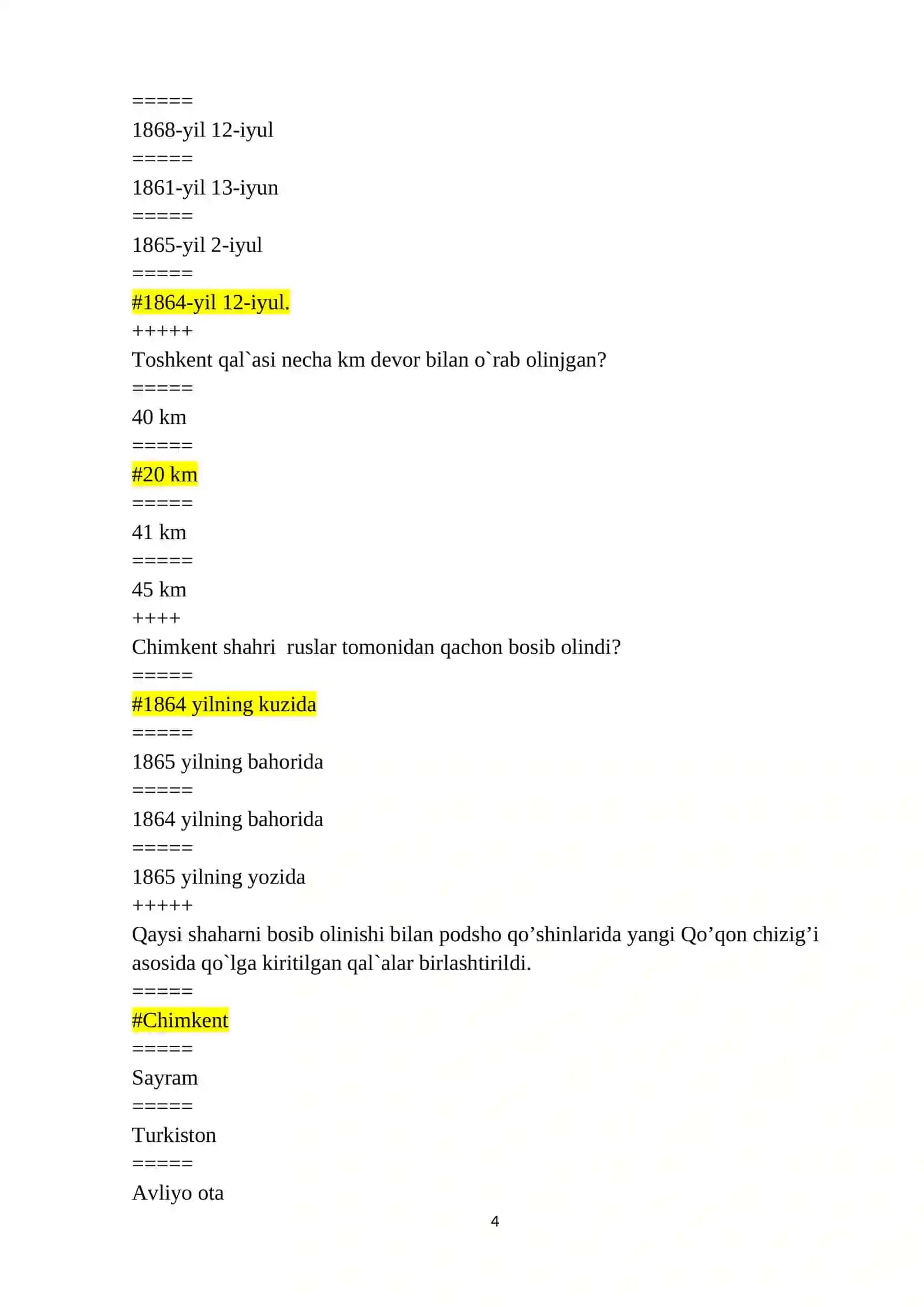 O'zbekiston tarixi  test 4
