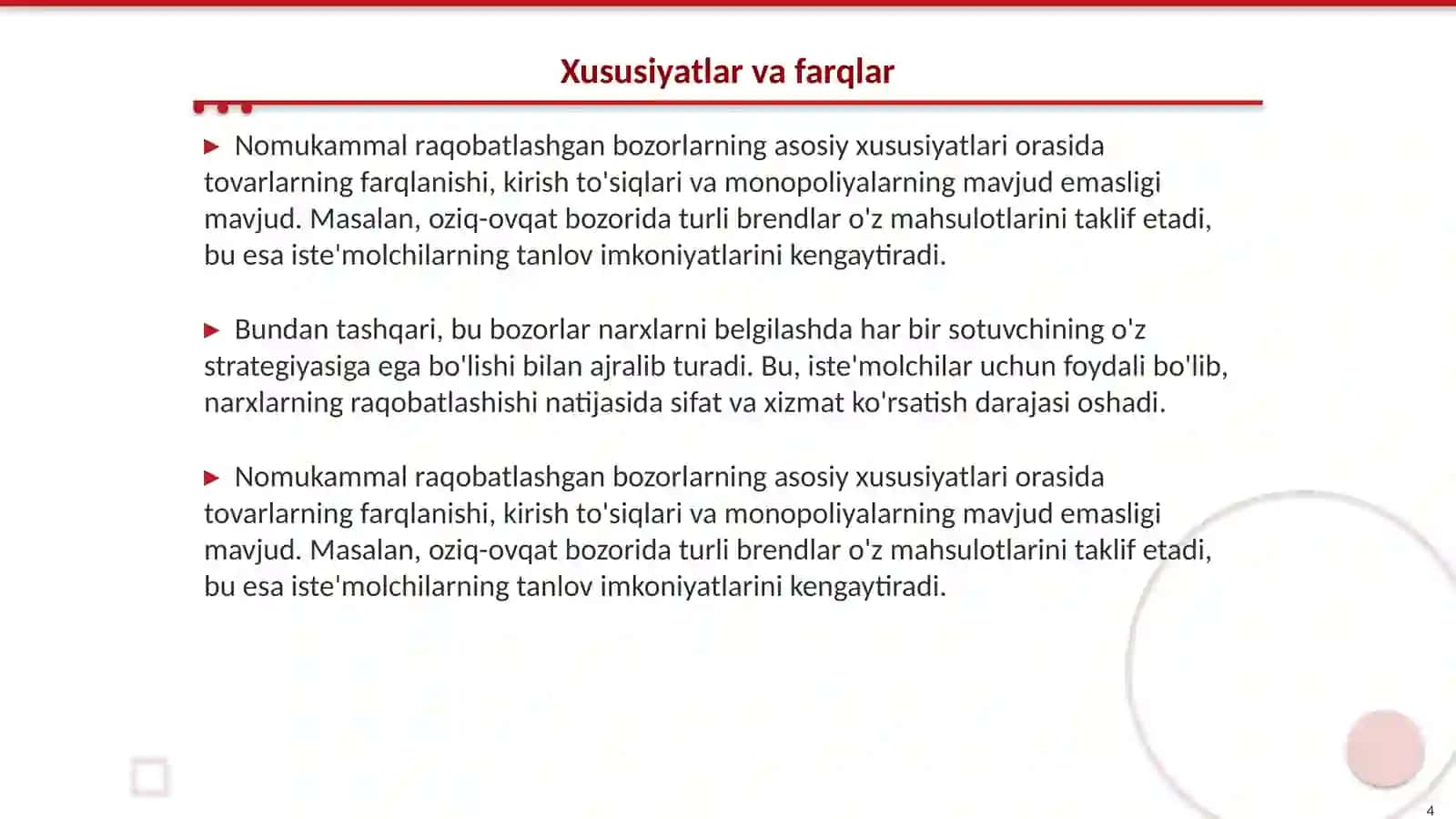 Nomukammal raqobatlashgan bozorlar va ularning xususiyatlari 4