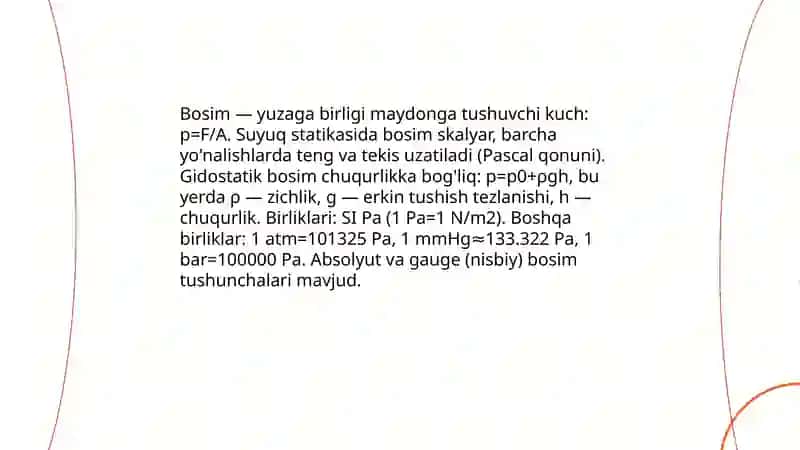 GIDROSTATIKA.SUYUQLIKLARNING FIZIK HOSSALARI 4