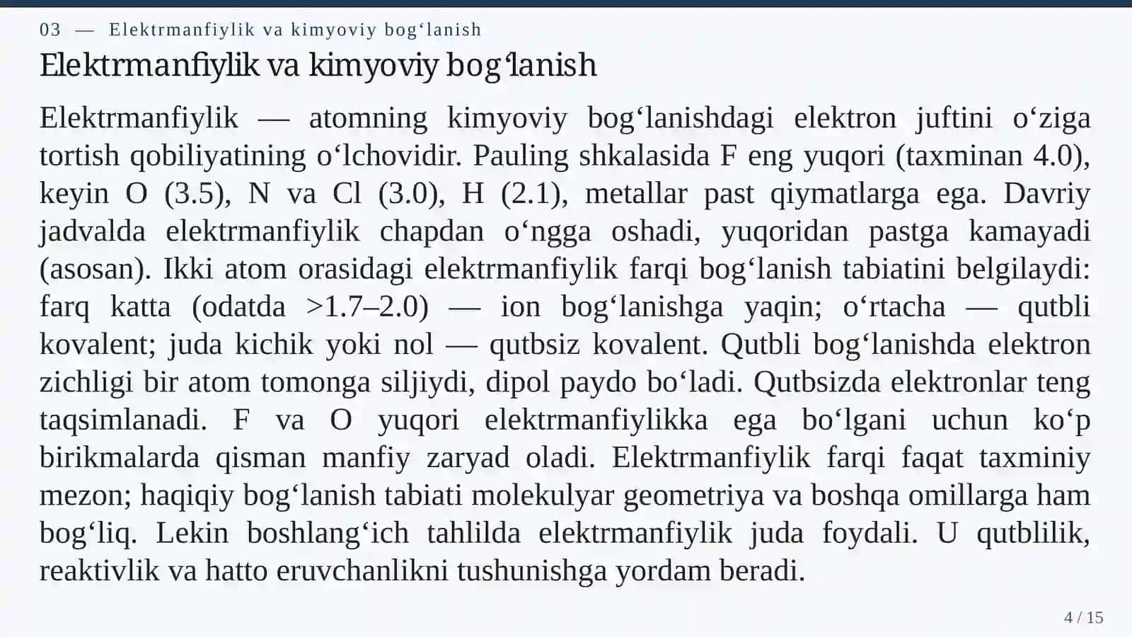 KIMYOVIY BOG‘LANISHLAR: ION, KOVALENT, METALL VA VODOROD BOG‘LANISHLARI 4