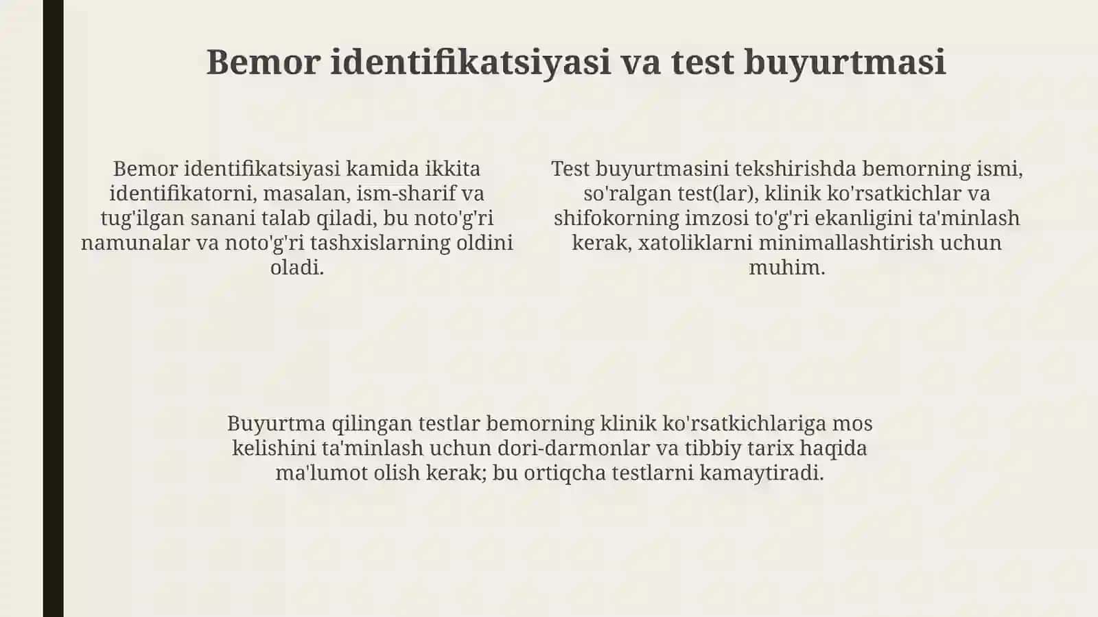 Bemorni labarator tekshiruvga tayyorlashda hamshiraning vazifasi 4