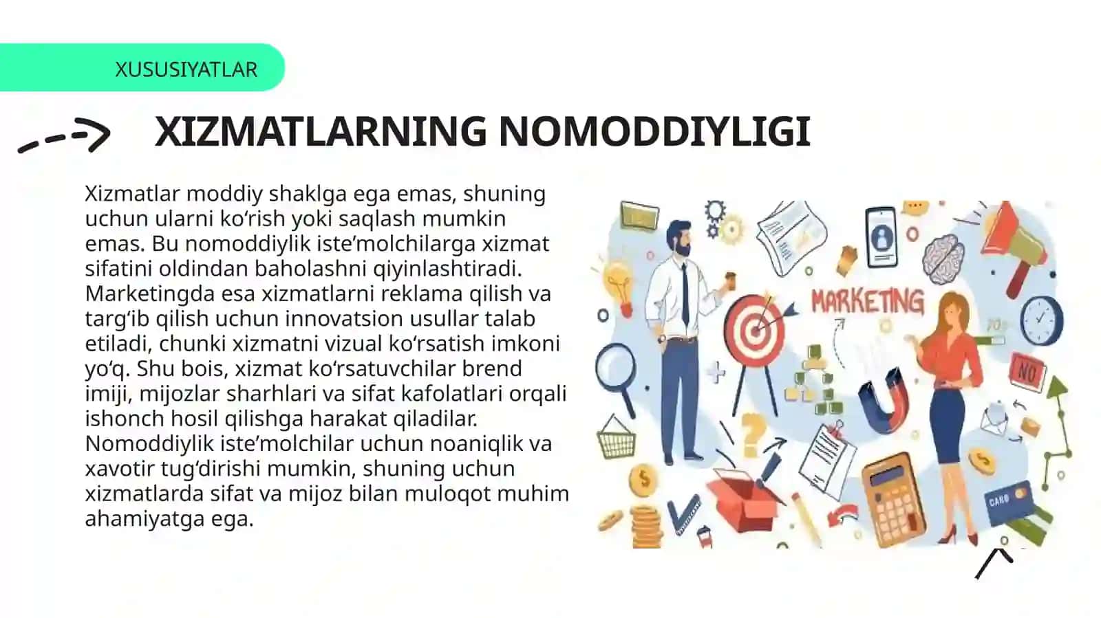Xizmatlar marketingi va ularning xususiyatlari. 4