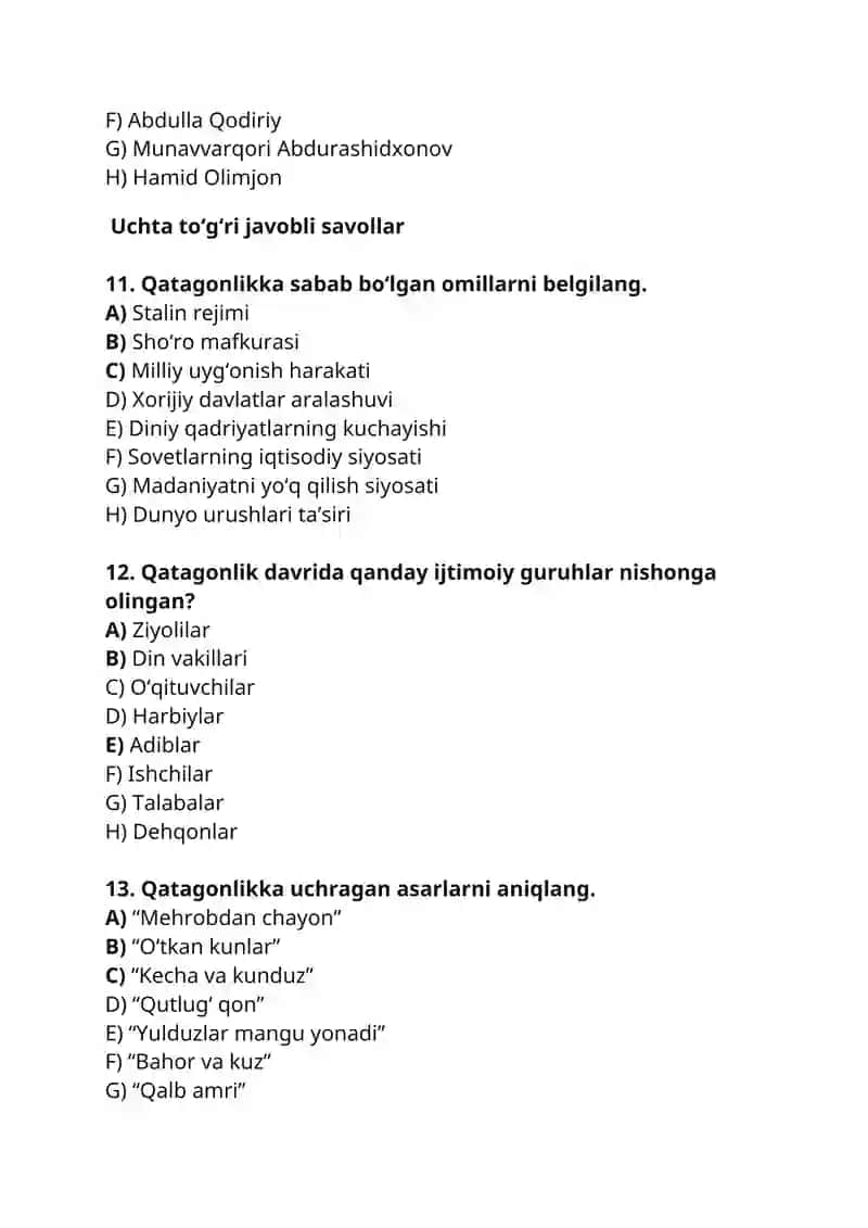 OʻZBEKISTONDA QATAGʻONLIK. TEST JAVOBI BILAN 4