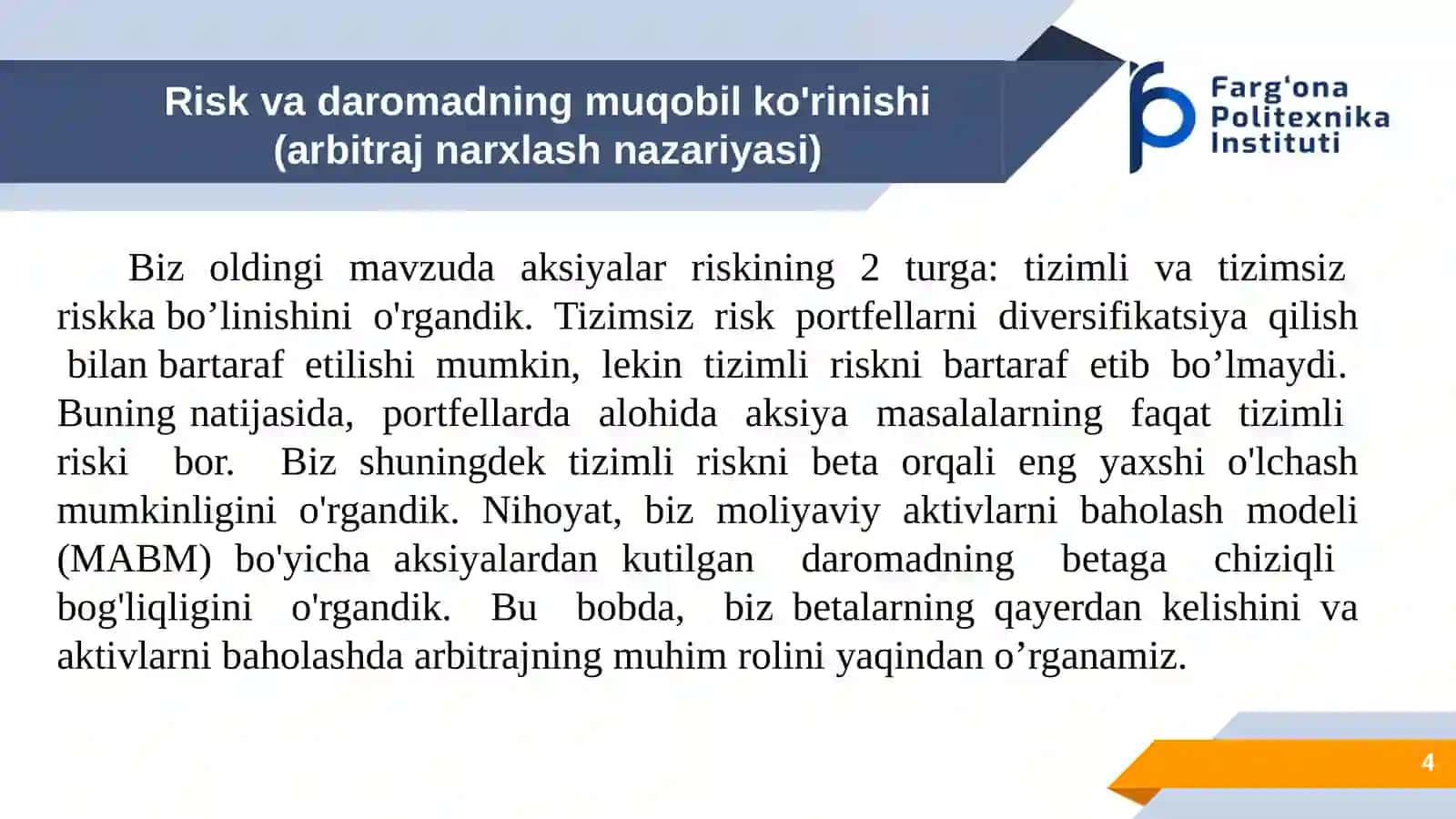 Zamonaviy (amaliy) moliya va risklar 4