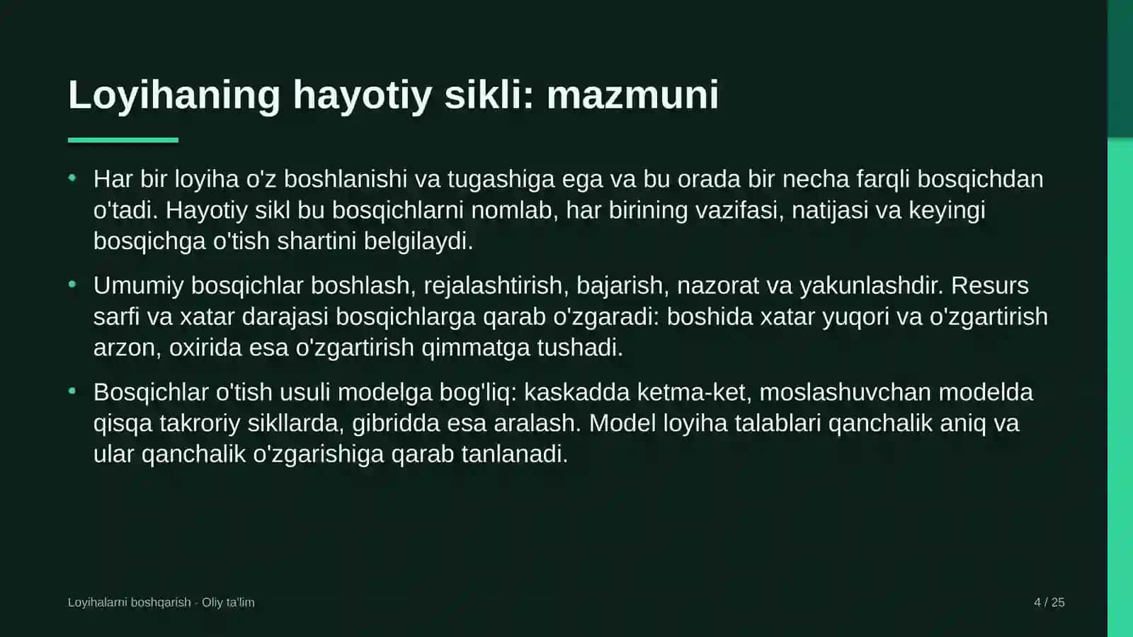 Loyihalarni boshqarish · Oliy ta'lim 4