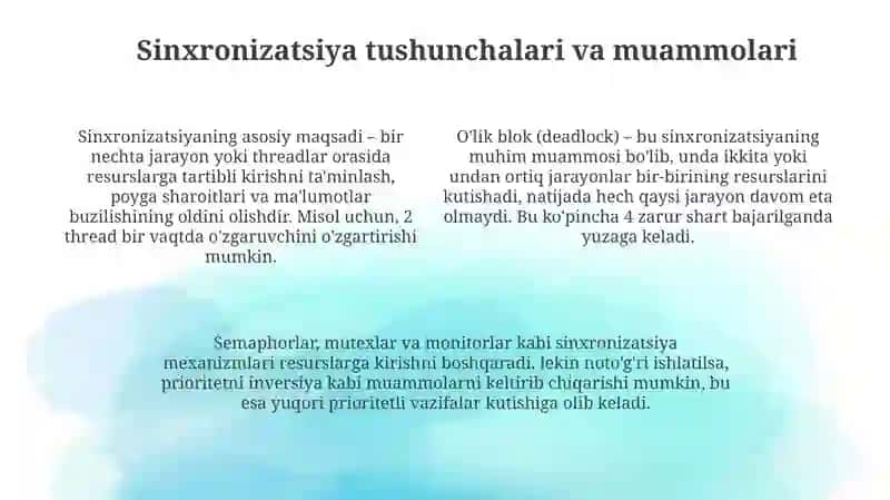 Vaqt boshqarish, sinxronizatsiya va scheduling algoritmlari 4