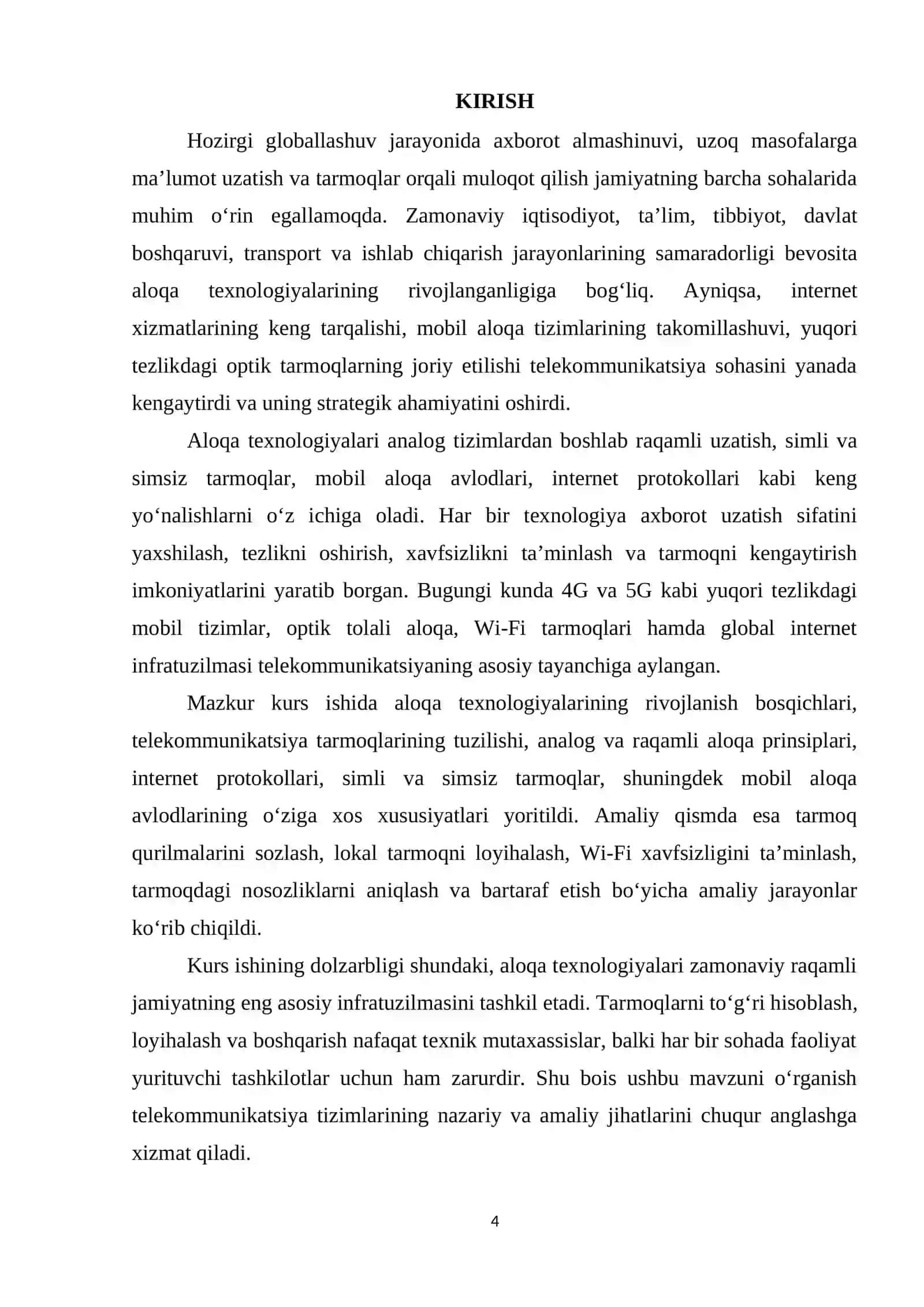 Aloqa texnologiyalari va tarmoqlar KURS ISHI 4