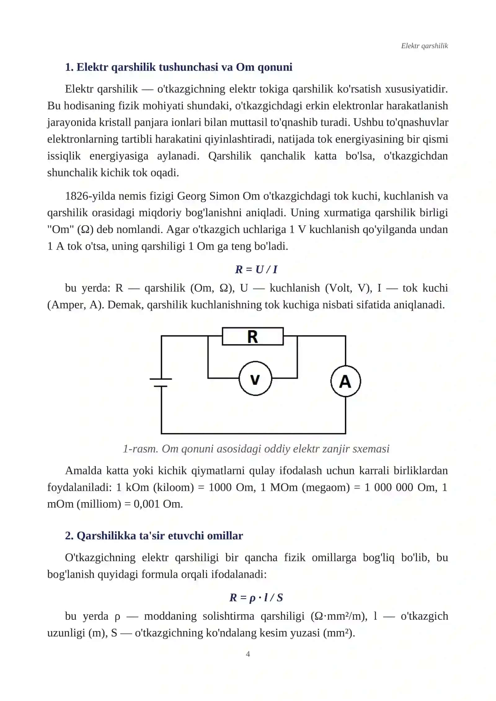 ELEKTR QARSHILIK. Referat 4
