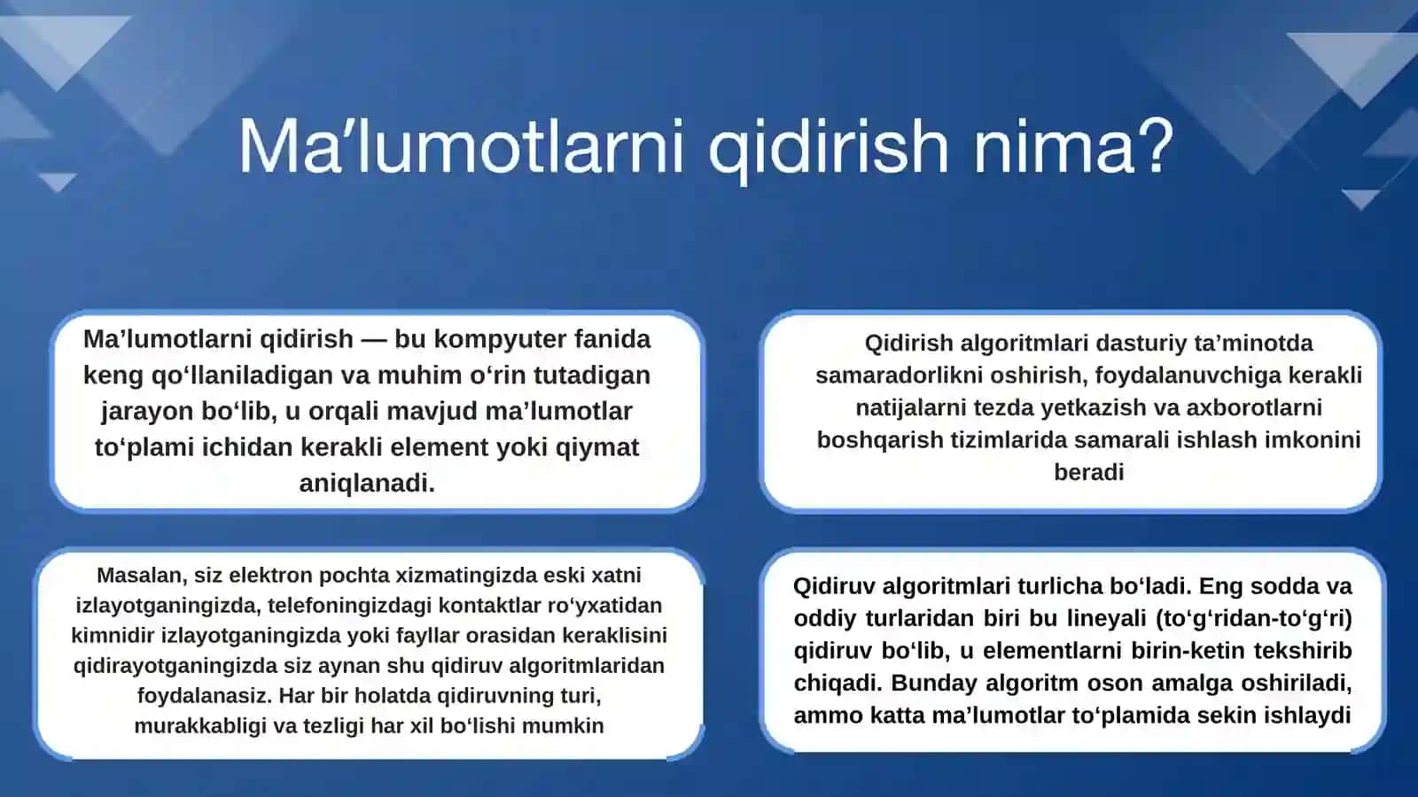 Malumotlarni qidiruv usullarini algoritmlarini qidirish 4