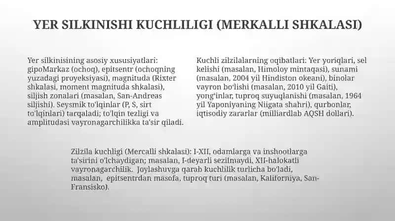 Yer silkinishining asosiy xususiyatlari 4