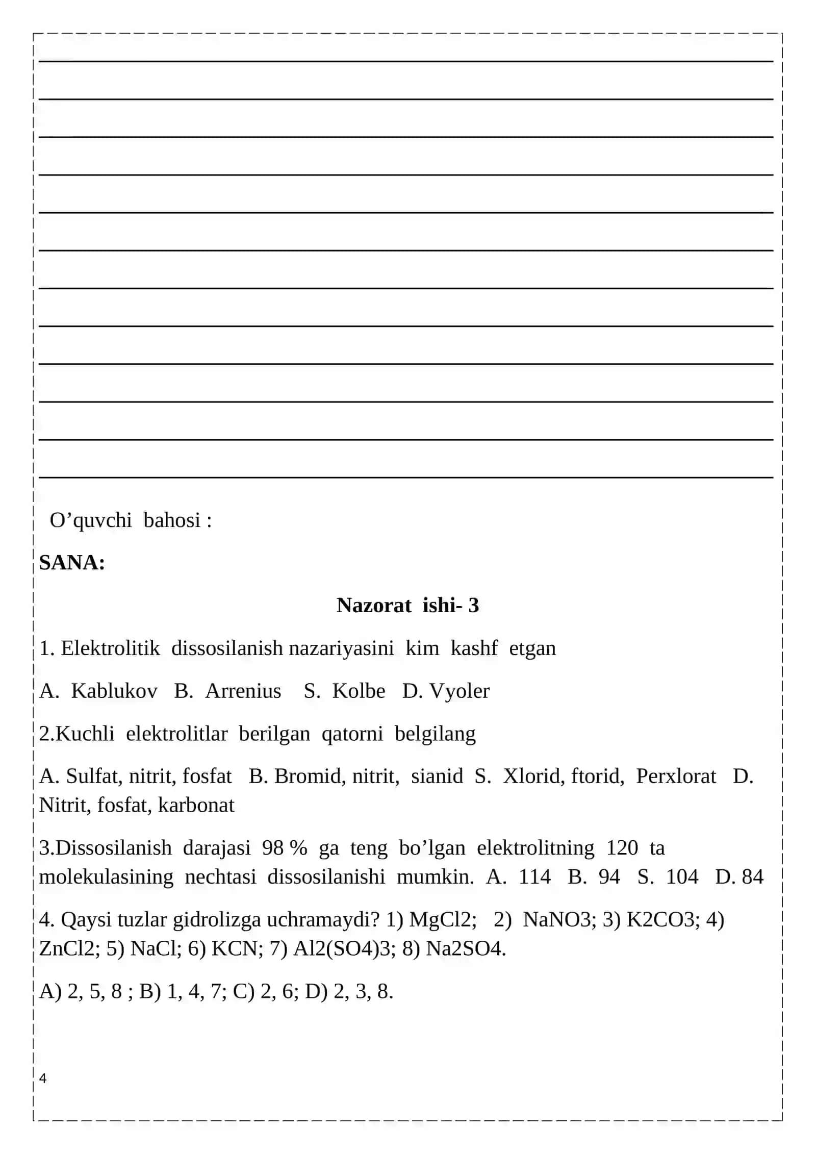 sinf kimyo nazorat ishi daftar 4