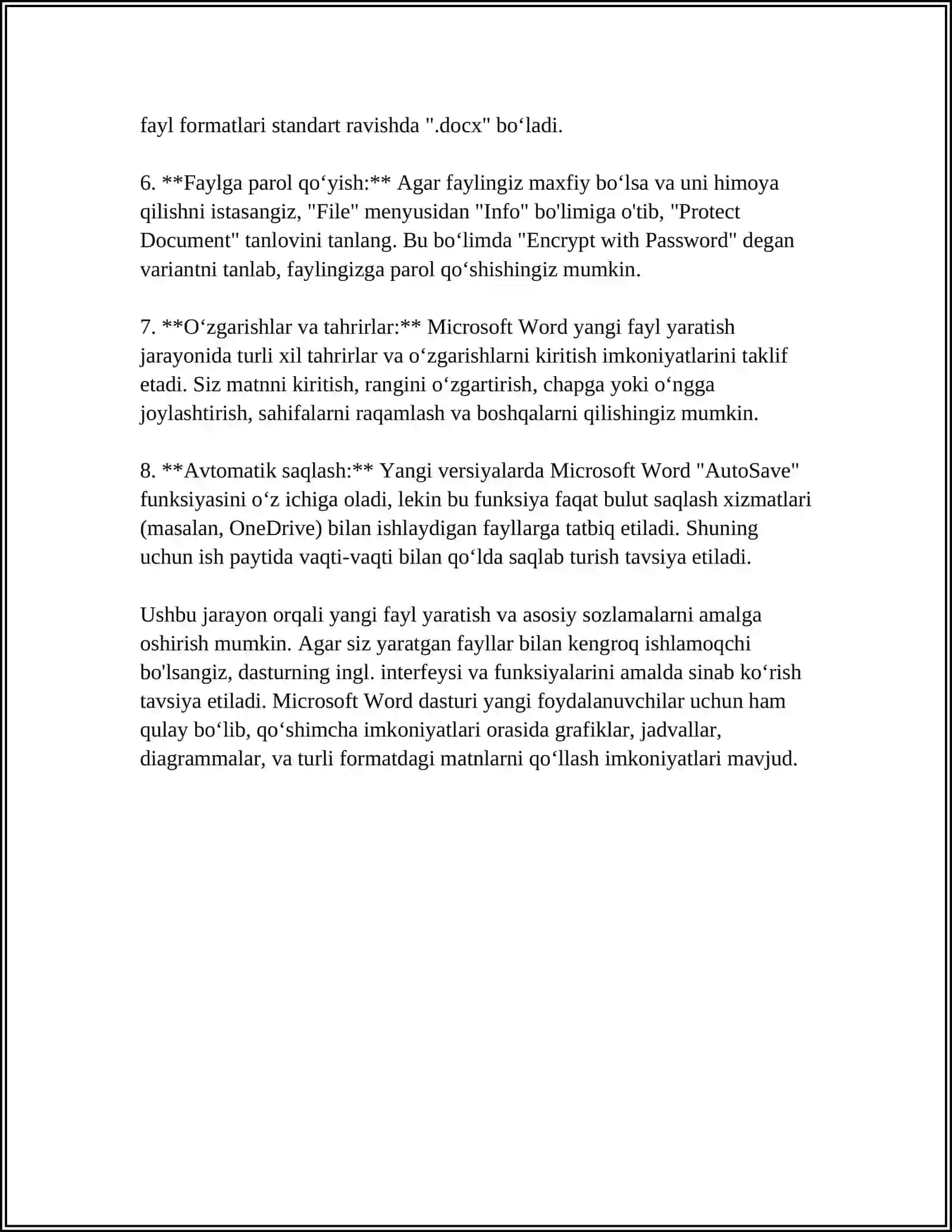 MICROSOFT WORD MATN MUHARRIRIDA FAYL YARATISH, MATNLI AXBOROTLAR BILAN ISHLASH, TAHRIRLASH, TARTIBLASH, SARALASH, SAQLASH VA CHOP ETISH 4