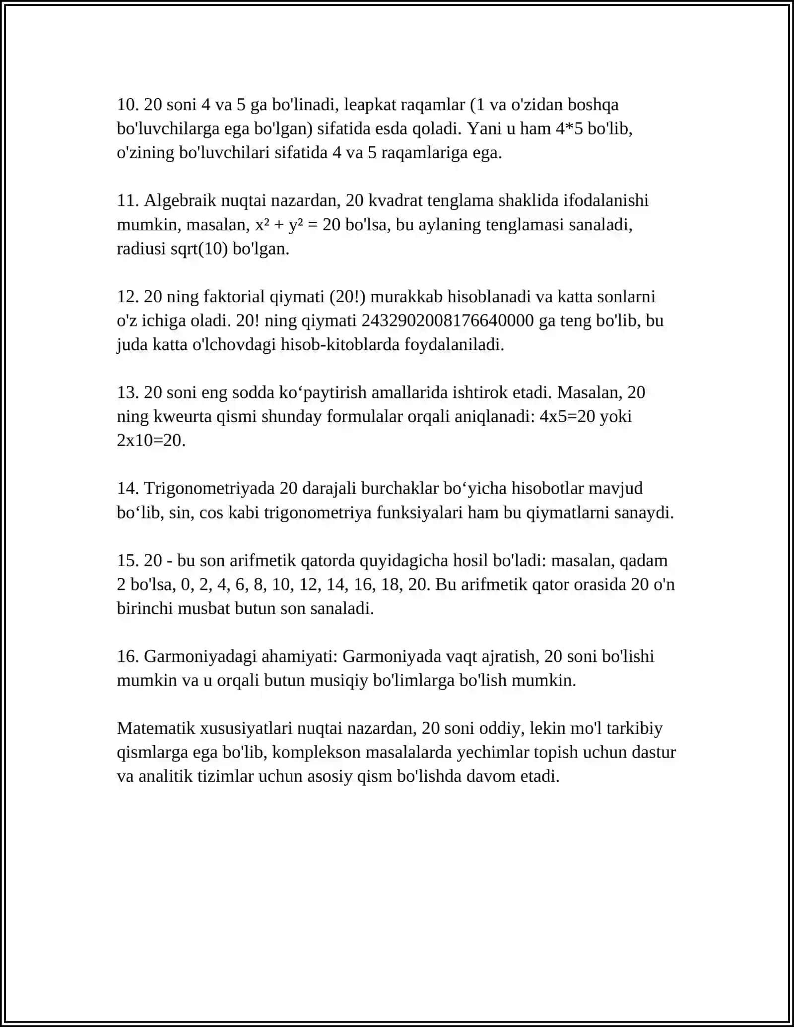 20 soni matematik xususiyatlari 4
