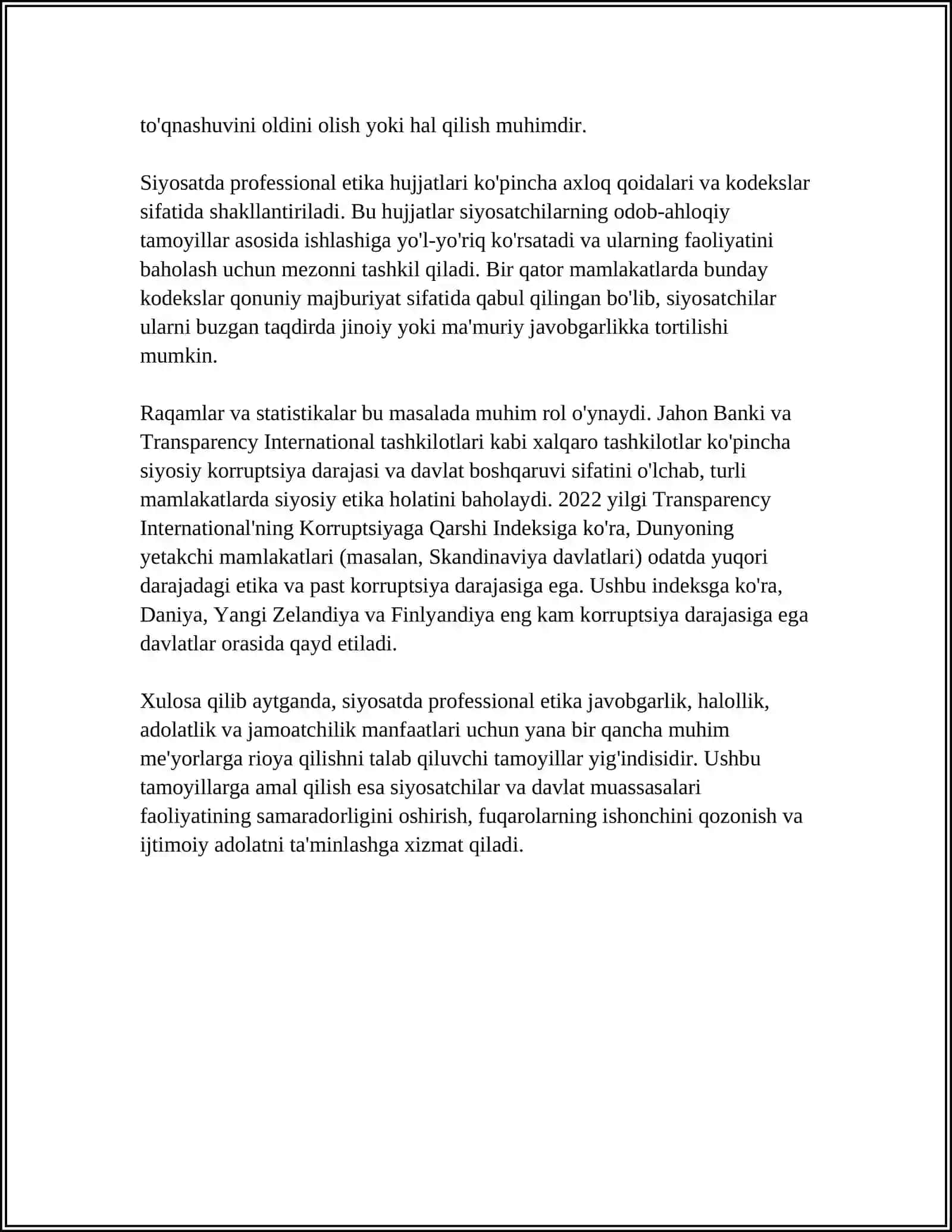 SIYOSATDA PROFESSIONAL ETIKA VA YANGI AXLOQ SIYOSATI MAVZUSIDA ESSE 4