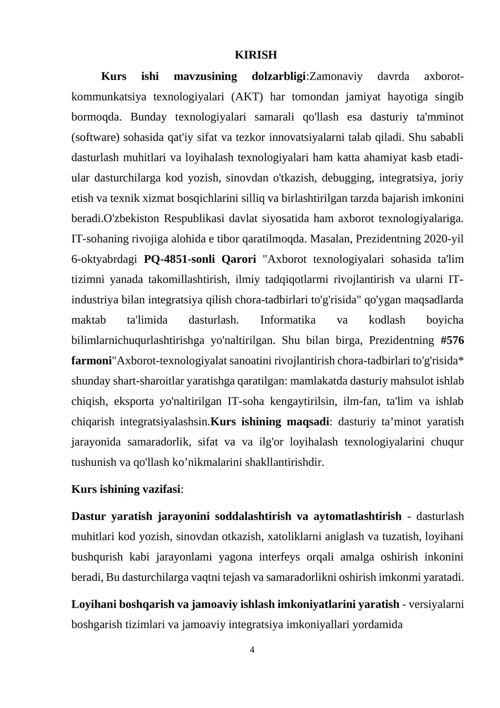 DASTURLASH MUHITLARI VA LOYIHALASH TEXNALOGIYALARI KURS ISHI 4