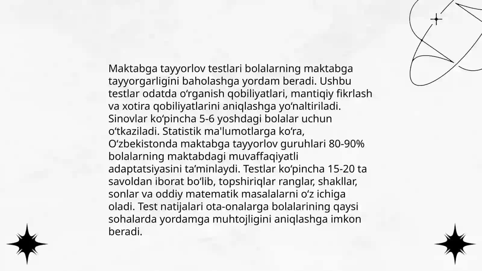 Bolalarni maktabga tayyorlogini tasxishlash usullari 4