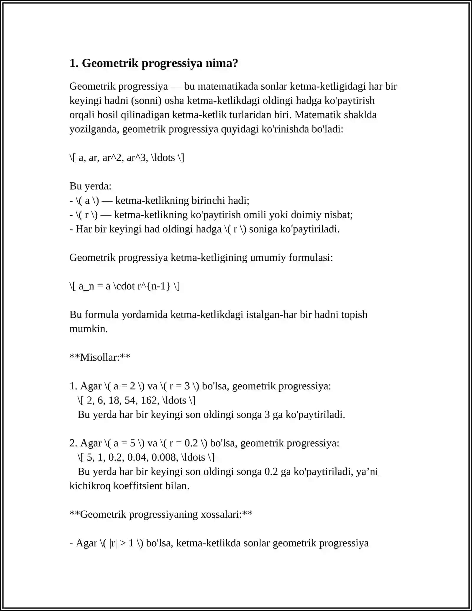 C++ DASTURLASH TILIDA FOR SIKLI YORDAMIDA GEOMETRIK PROGRESSIYANI HADINI HISOBLASH 4