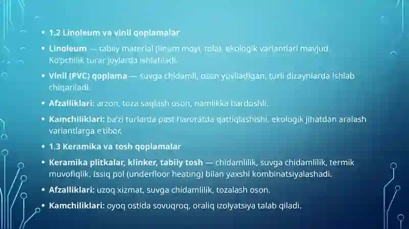 Pollar uchun pardozlash va issiqlik izolyatsiya materiallari 4
