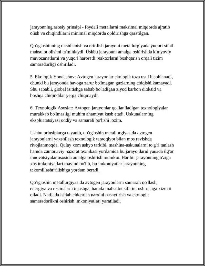 QOʻRGʻOSHIN METALLURGIYASIDA AVTOGEN JARAYONLAR 4