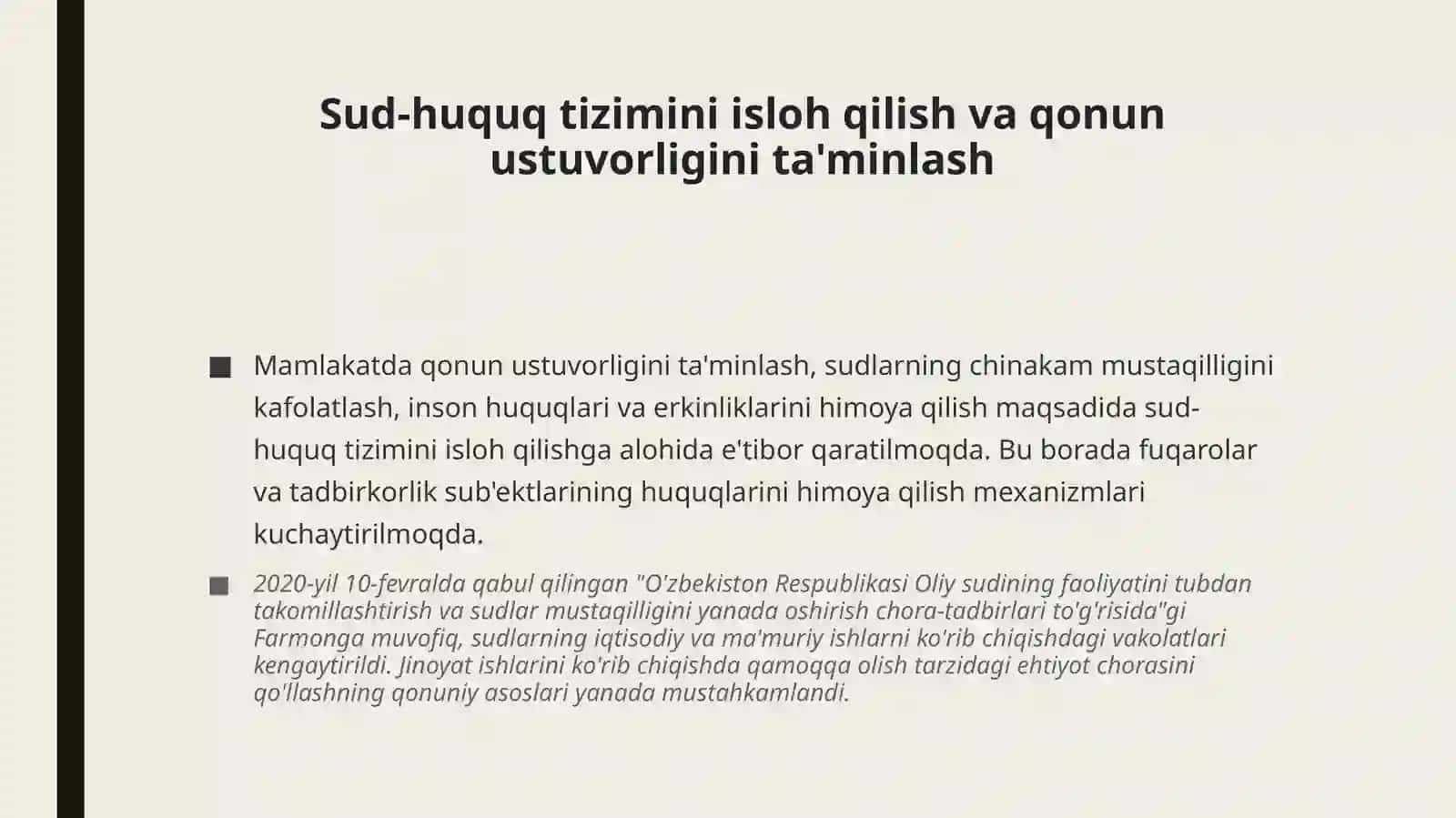 Yangi O'zbekistonda Sh. Mirziyoyev boshchiligidagi amalga oshirilayotgan islohotlar 4