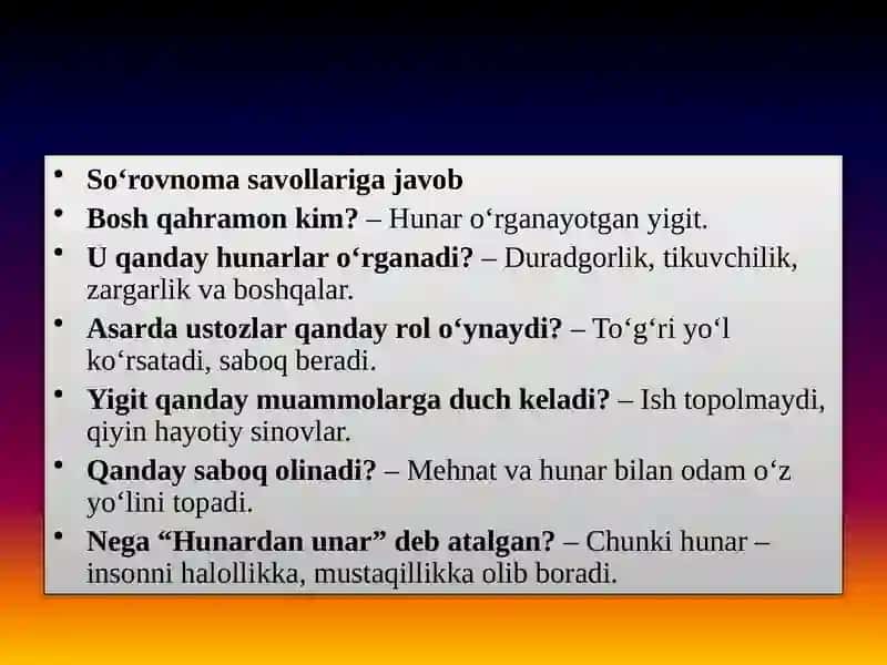 Mavzu: “Hunardan unar” 4