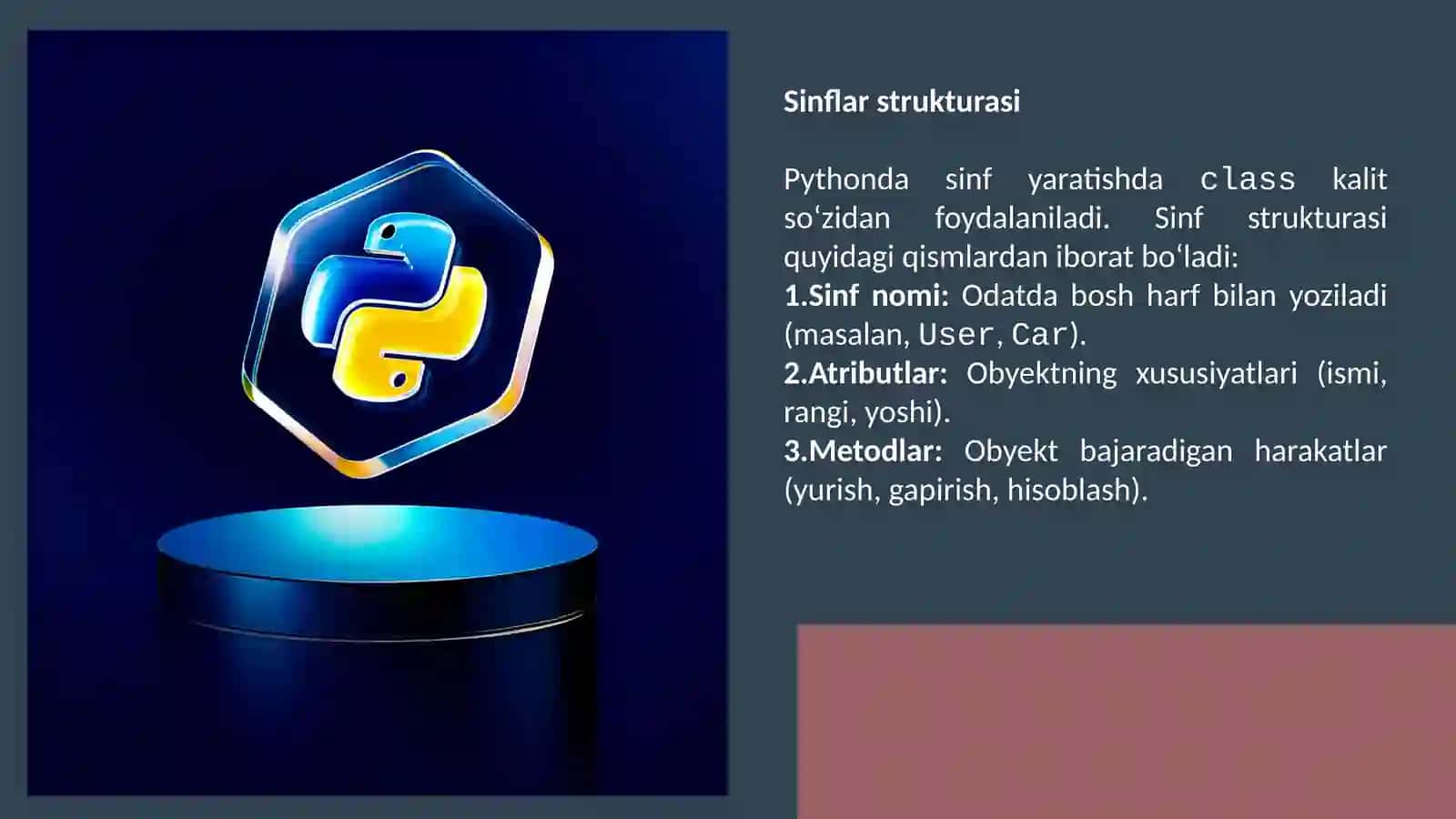 PYTHON DASTURLASH TILIDA MUSTAQIL SINFLAR TASHKIL ETISH 4