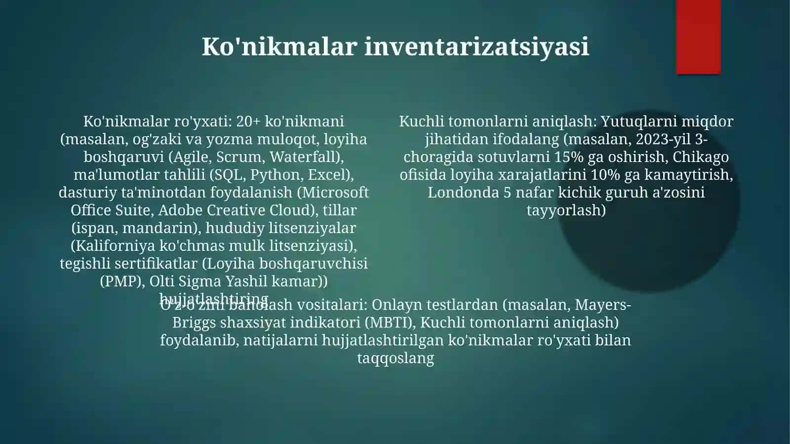 Kuchli tomonlarni aniqlashda o'z-o'zini baholash vositalari 4