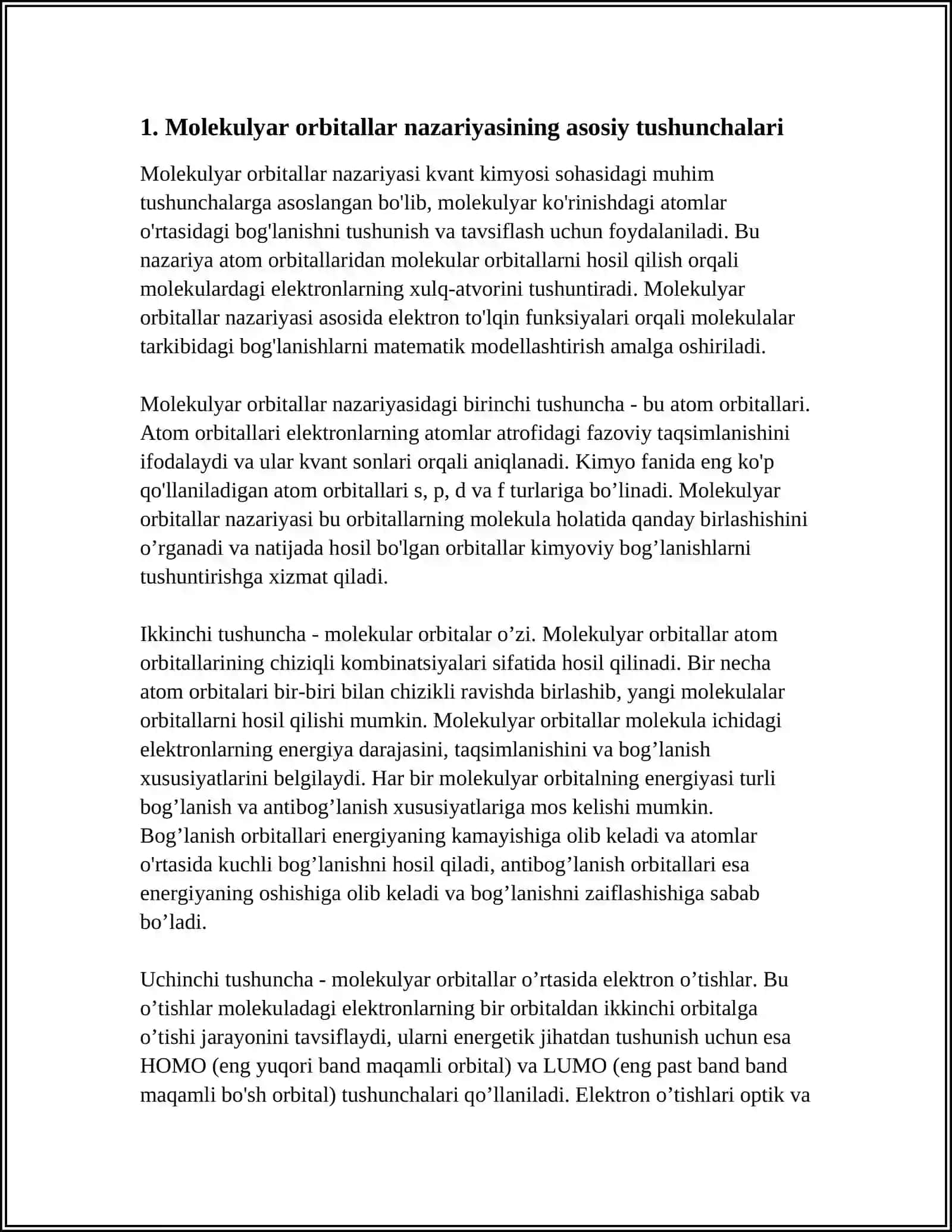 MOLEKULYAR ORBITALLAR VA ULARNING XILLARI. MOLEKULYAR ORBITALLAR OʻRTASIDAGI ELEKTRON OʻTISHLAR VA ULARNING TURLARI 4