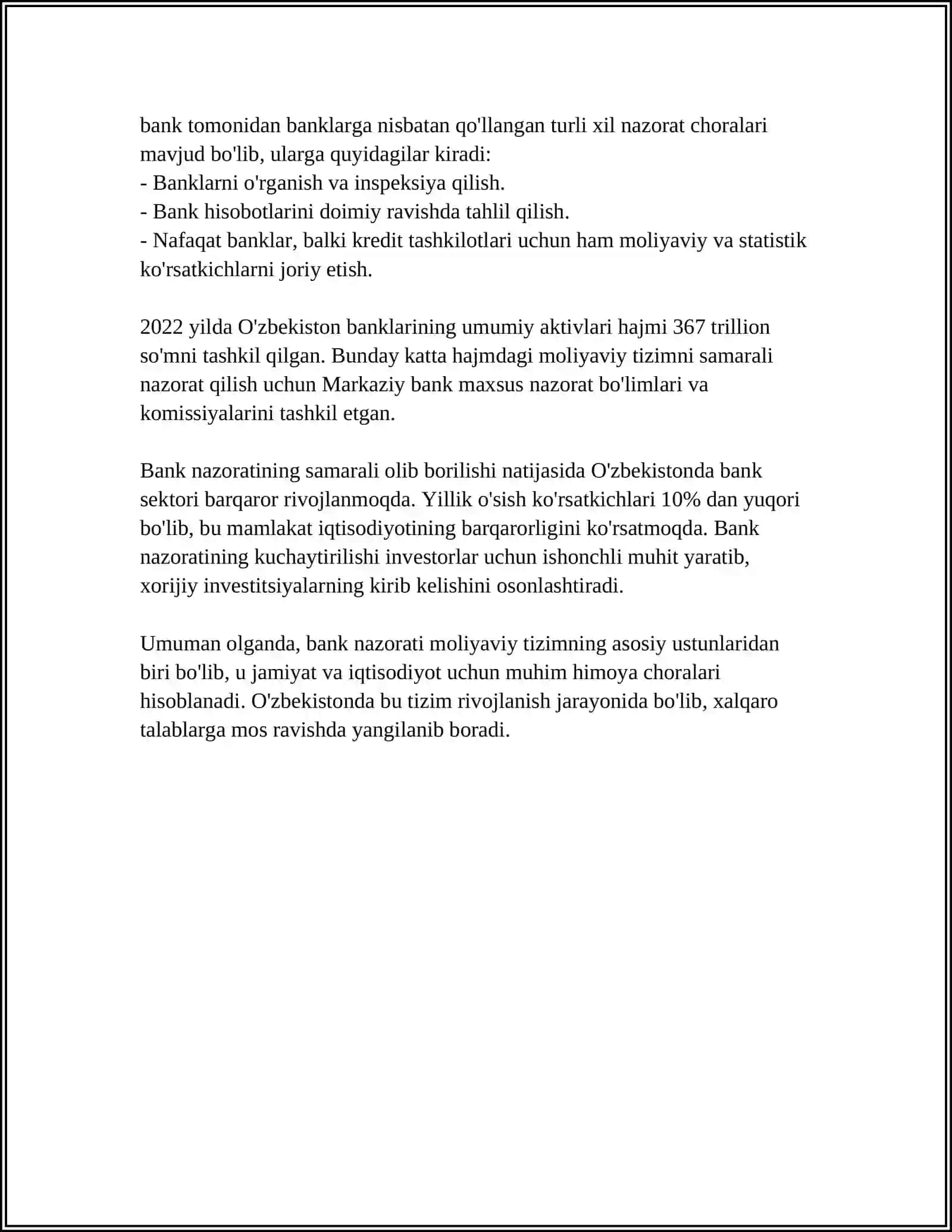 OʻZBEKISTONDA BANK NAZORATI VA UNING MOLIYAVIY BARQARORLIKKA TAʼSIRI 4