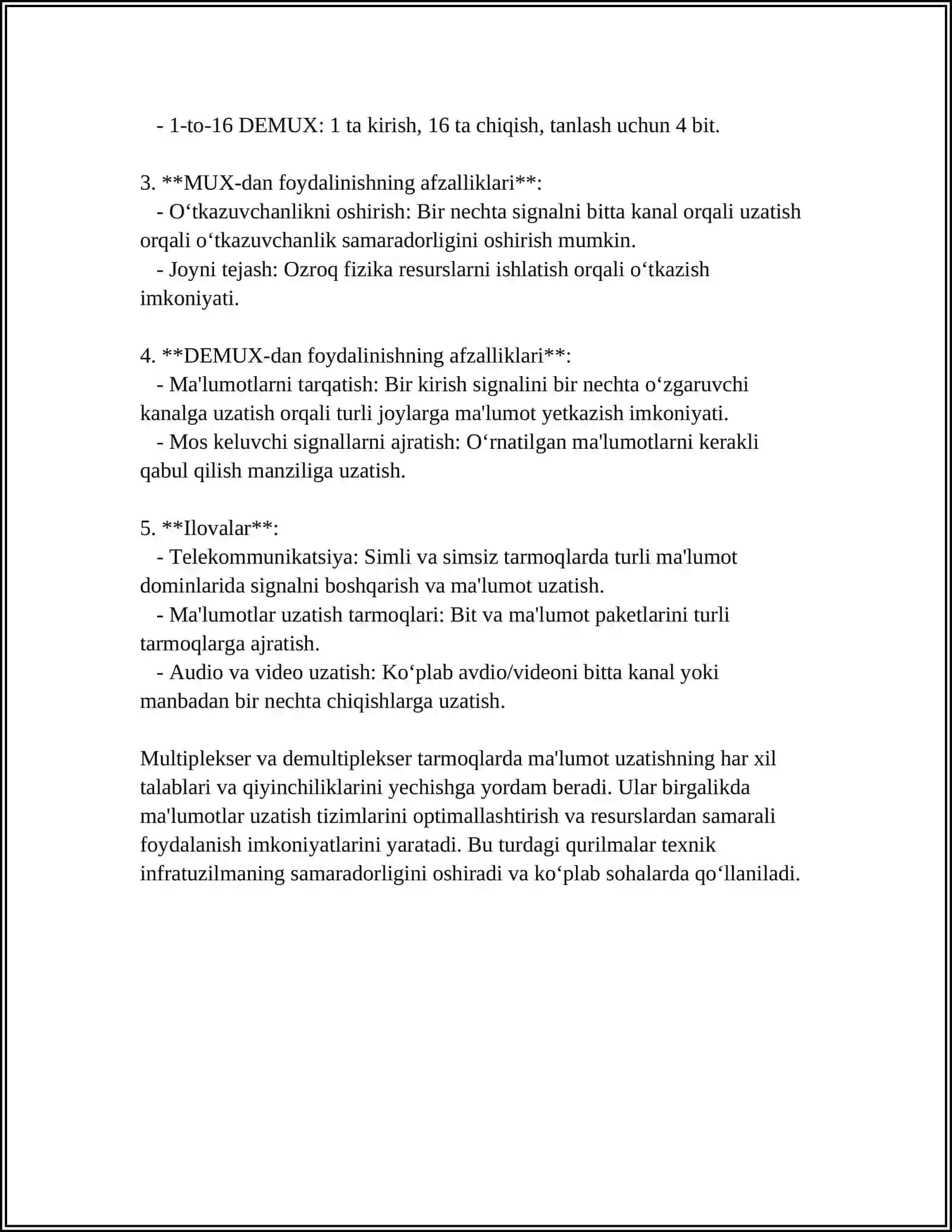MULTIPLEXER VA DEMULTIPLEXERLARNING KOMPYUTER ARXITEKTURASIDAGI ROLI 4