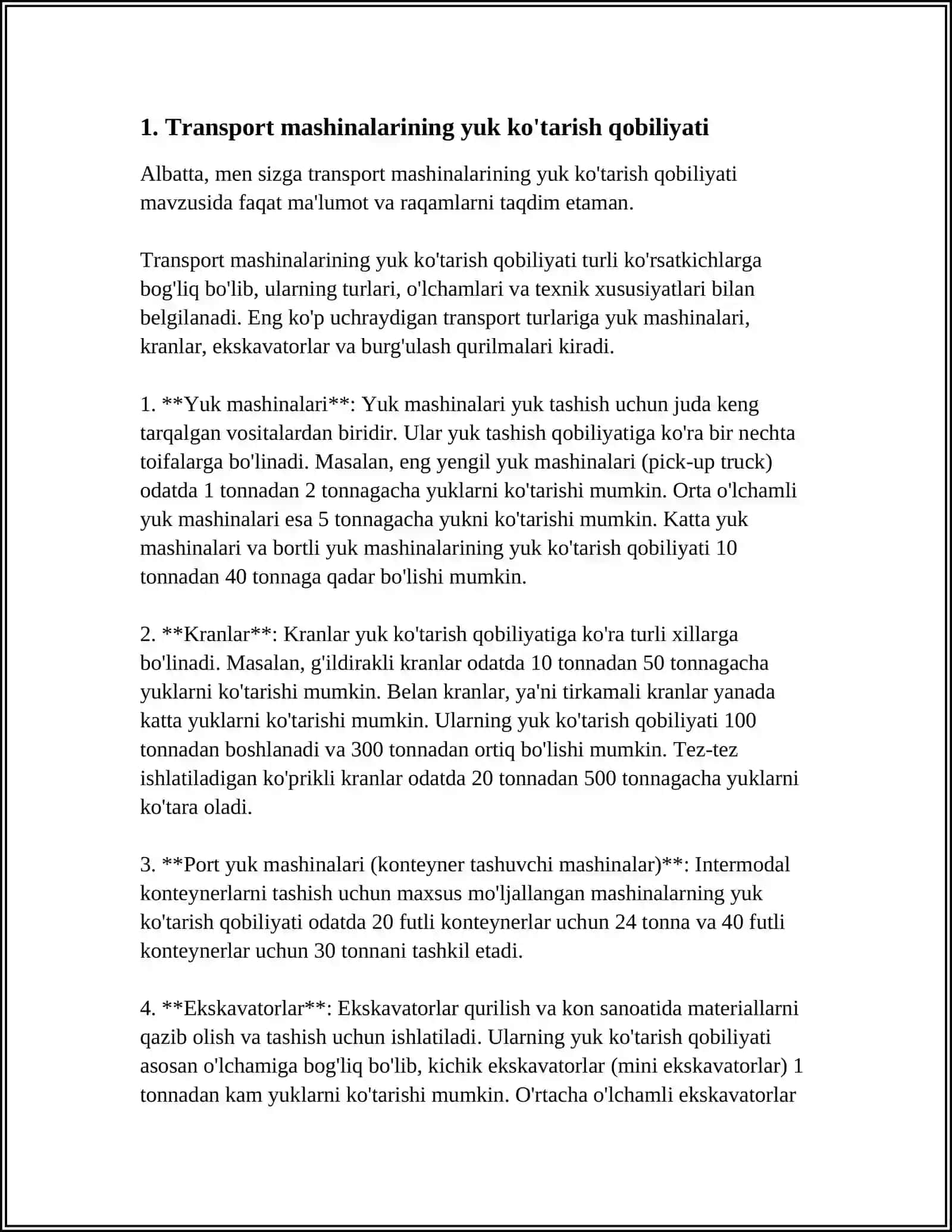 TRANSPORTIROVKA MASHINALARINING ASOSIY PARAMETRLARI 4