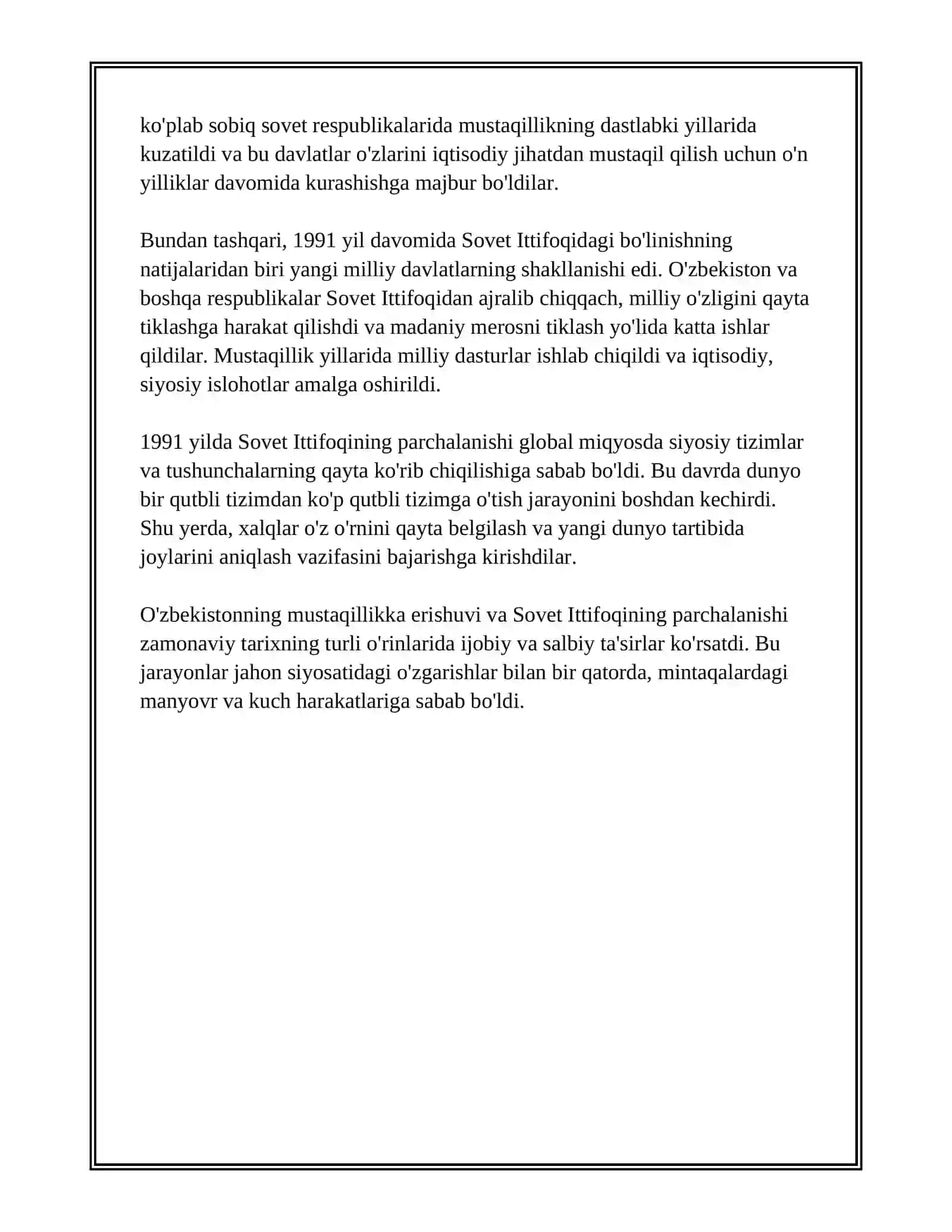 1991-2025 YILGACHA O’BEKISTON TARIXIDAGI VOQEALAR,SHU VAQTLARDA JAHON TARIXIDAGI VOQEALAR VA BU VOQELARNING BIR BIRIGA OXSHASHLIGI 4