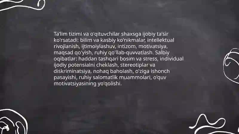 Shaxsning rivojlanishi uchun taʼsir etuvchi ijobiy va salbiy oqibatlar 4