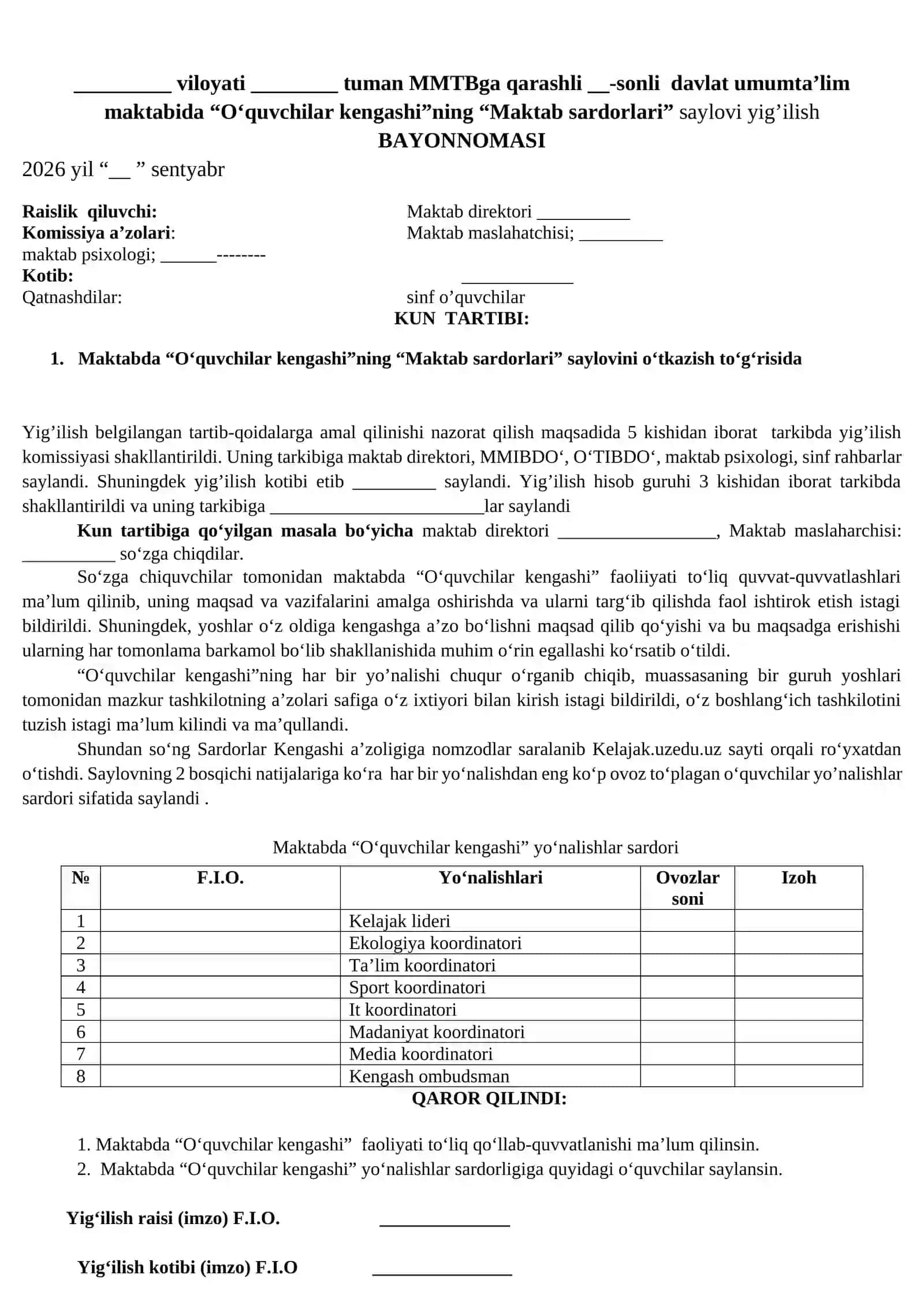 MAKTAB MASLAHATCHISI NOMENAKLATURA 5-PAPKA O‘quvchilar kengashi faoliyati yuzasidan amalga oshirilgan ishlar yig'ma jildi 4