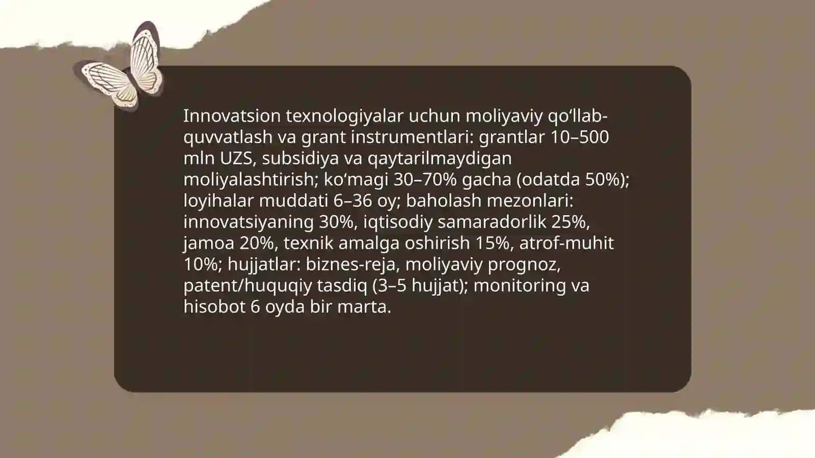 Kichik biznes va xususiy tadbirkorlik subyektlarigainnovatsiontexnologiyalarnitatbiqqilishniragʻbatlantirish 4