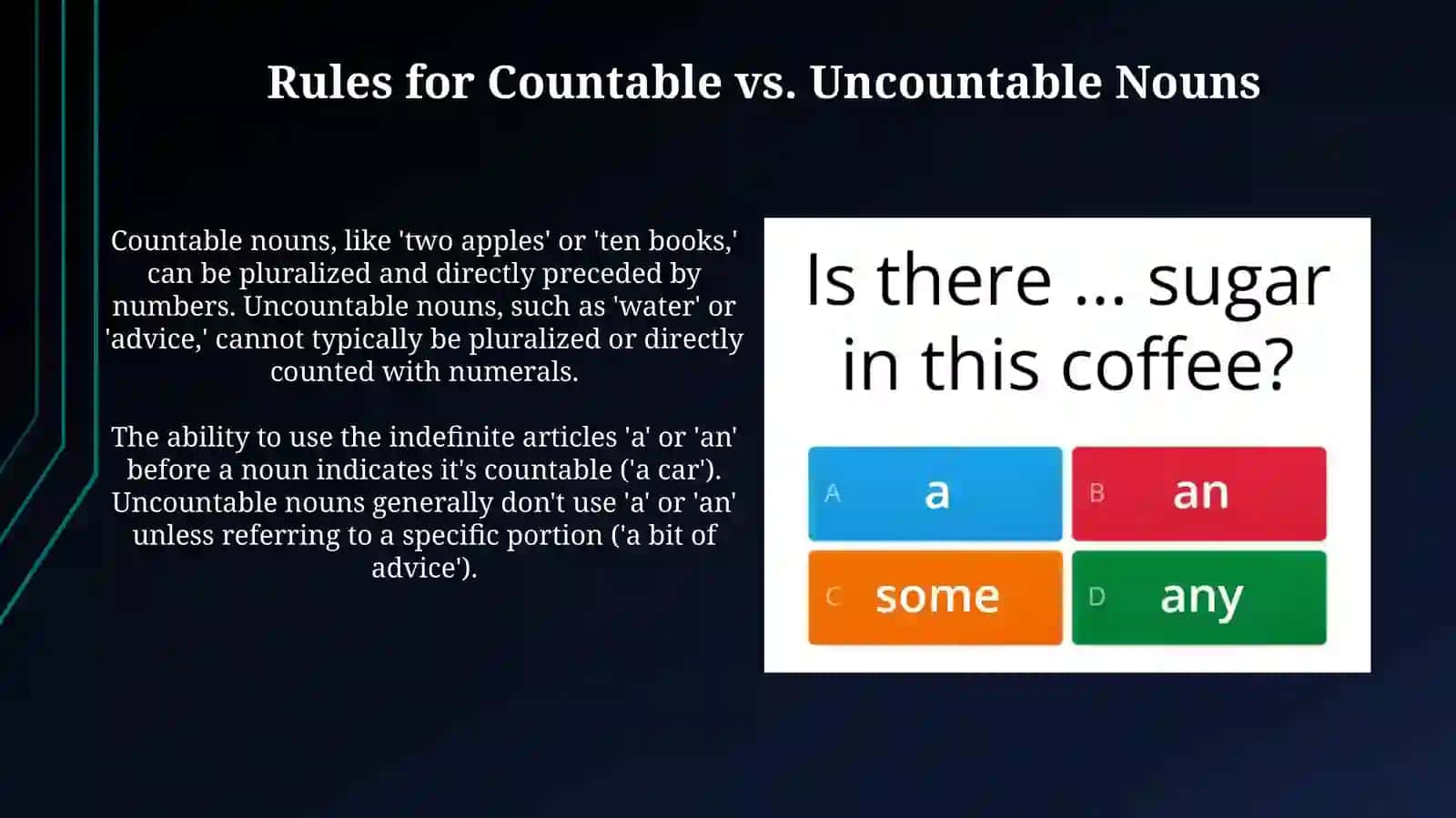 Countable and uncountable nouns. Some, any 4