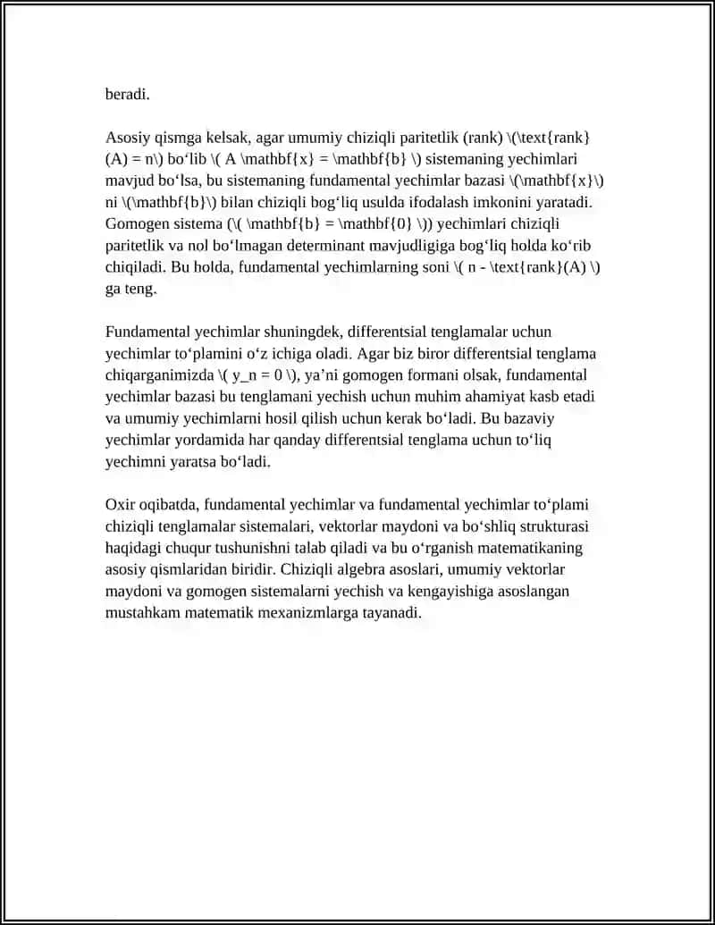 CHIZIQLI TENGLAMALAR SISTEMASINING FUNDAMENTAL YECHIMLARI 4