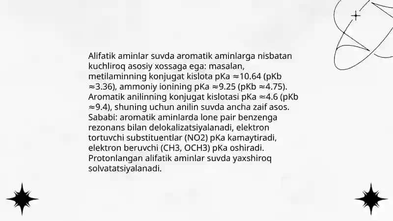 Molekulyar tuzilma va lone juftligining rezonans bilan delokalizatsiyasi (alifatik vs aromatik) 4
