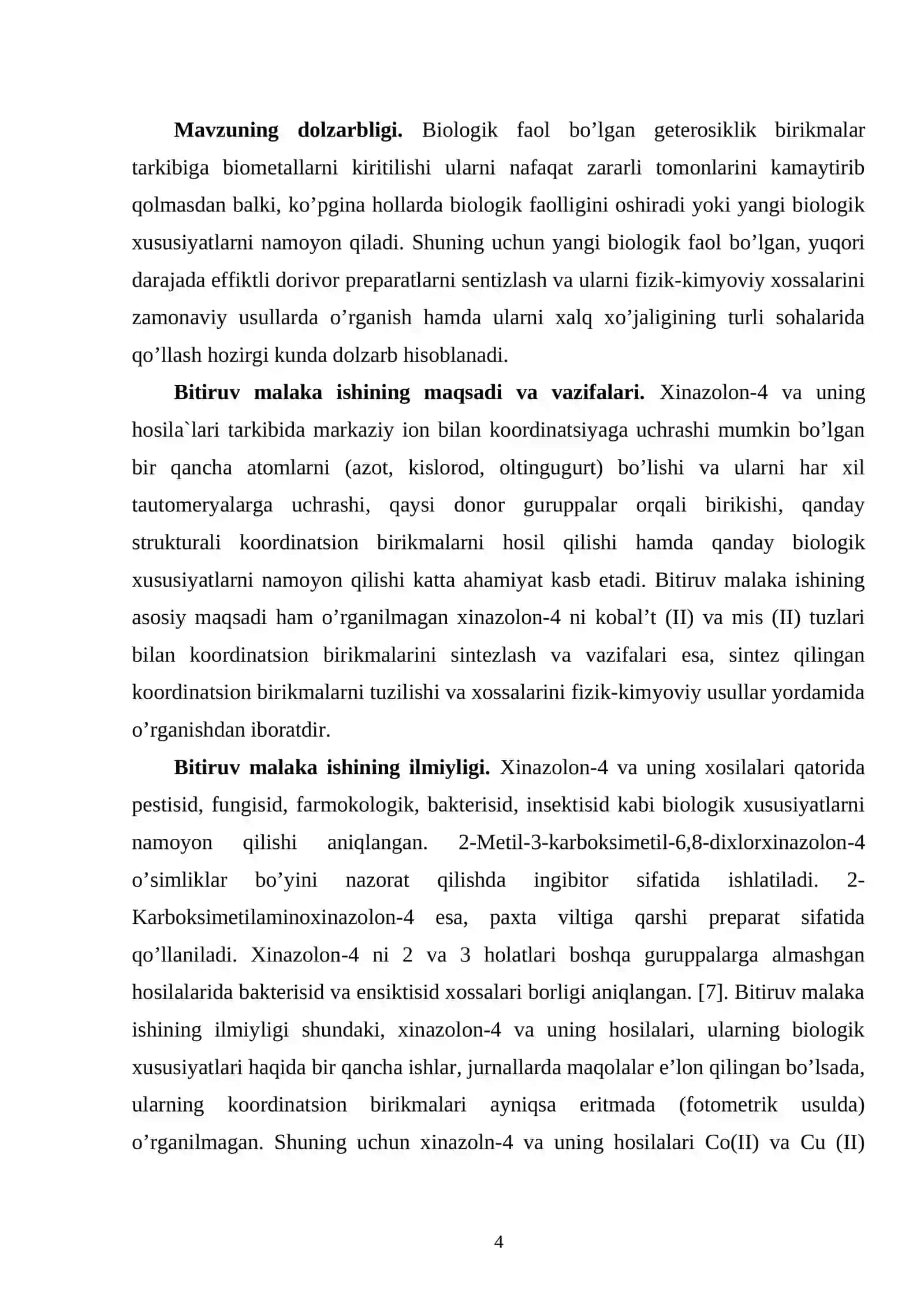 Xinazolon-4 va uning koordinasion birikmalari 4