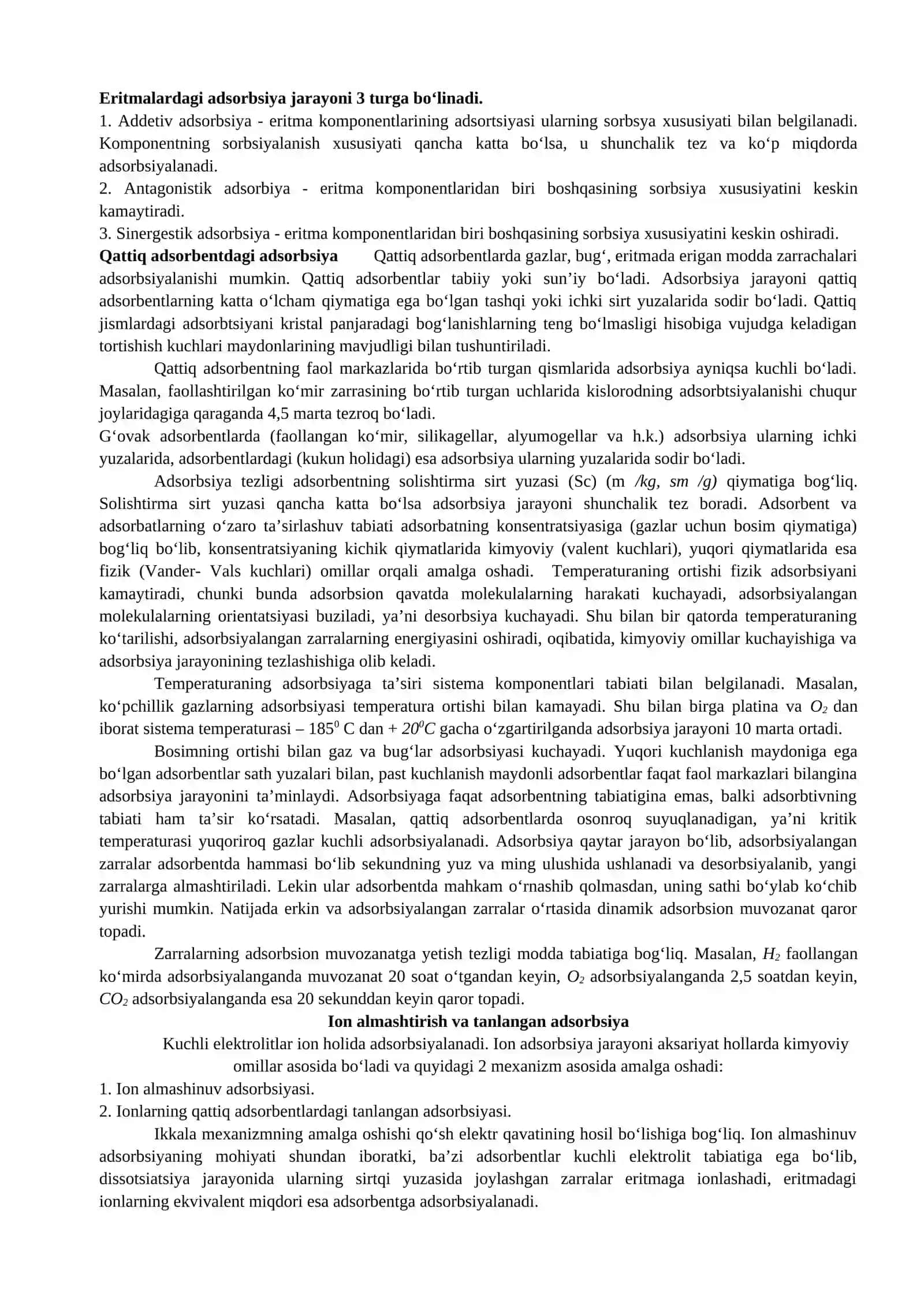 Sirt Hodisalari. Аdsorbsiya. Xromotografiya 4