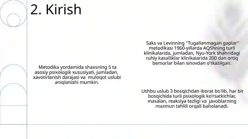 "D.M.Saks va S.Levining, Tugallanmagan jumlalar metodikasi" 4