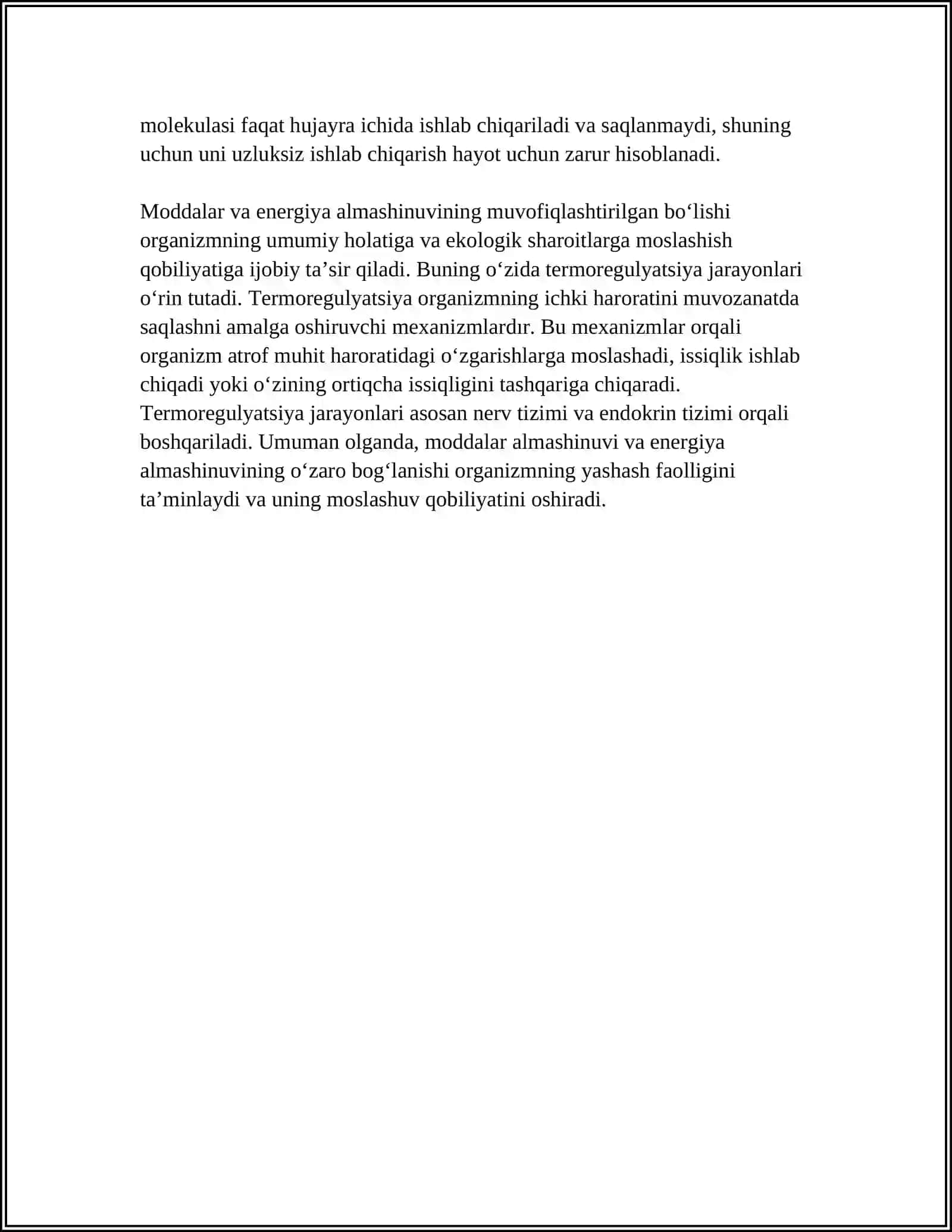 MODDALAR VA ENERGIYA ALMASHINUVINI OʻRGANISH. TERMOREGULYATSIYA 4
