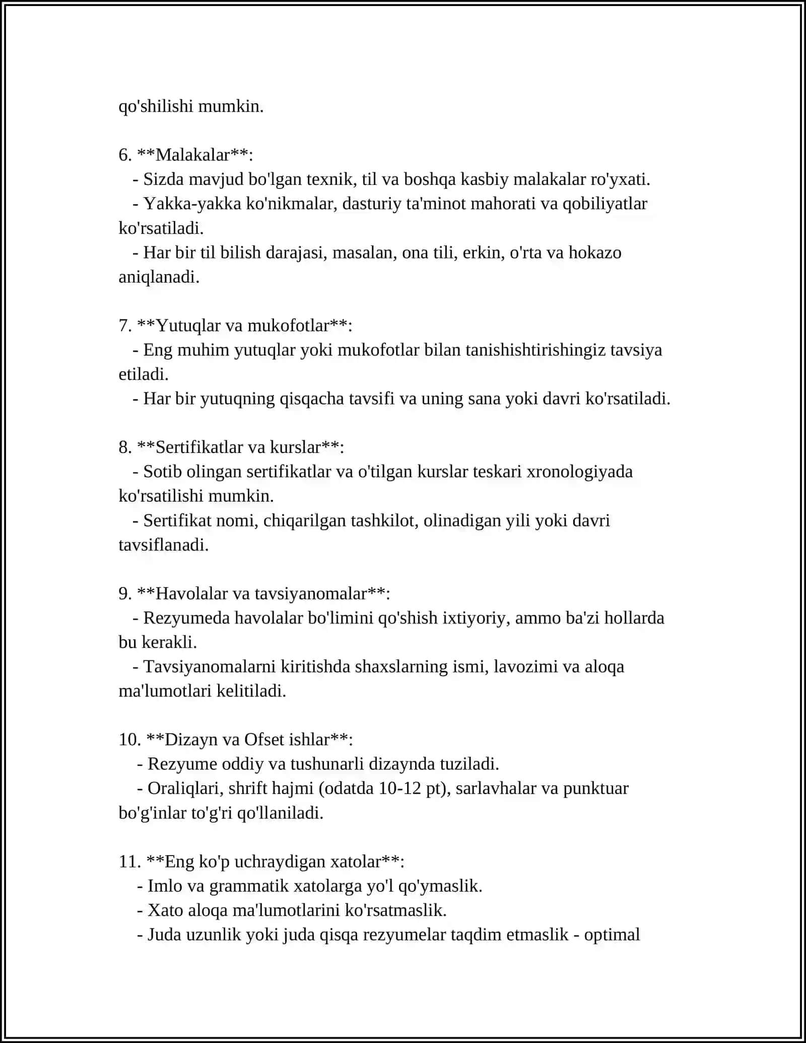REZYUME,CV, MA'LUMOTNOMA HUJJATLARI 4
