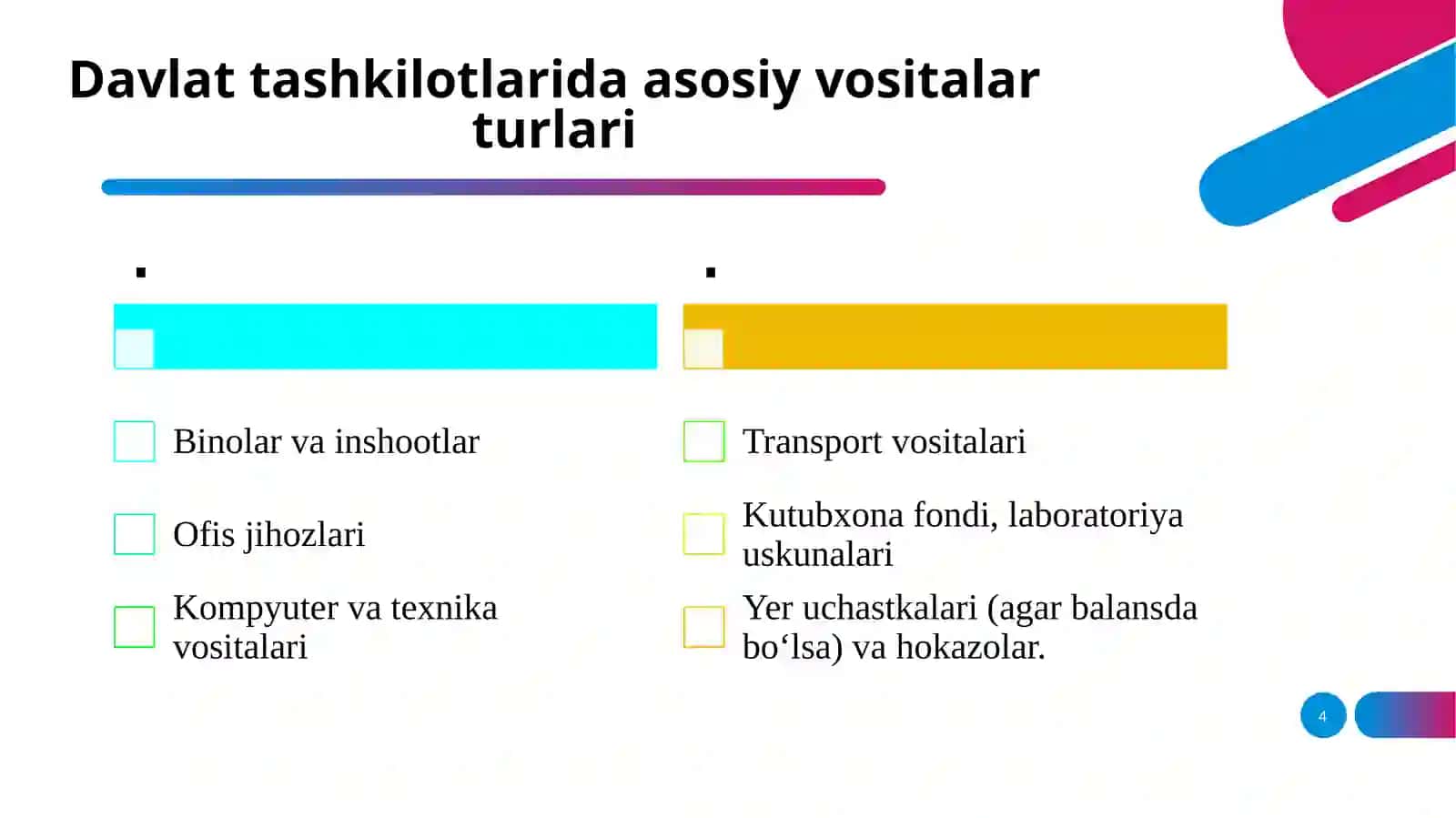 Davlat Tashkilotlarida Asosiy Vositalar Aktivlar Hisobi 4