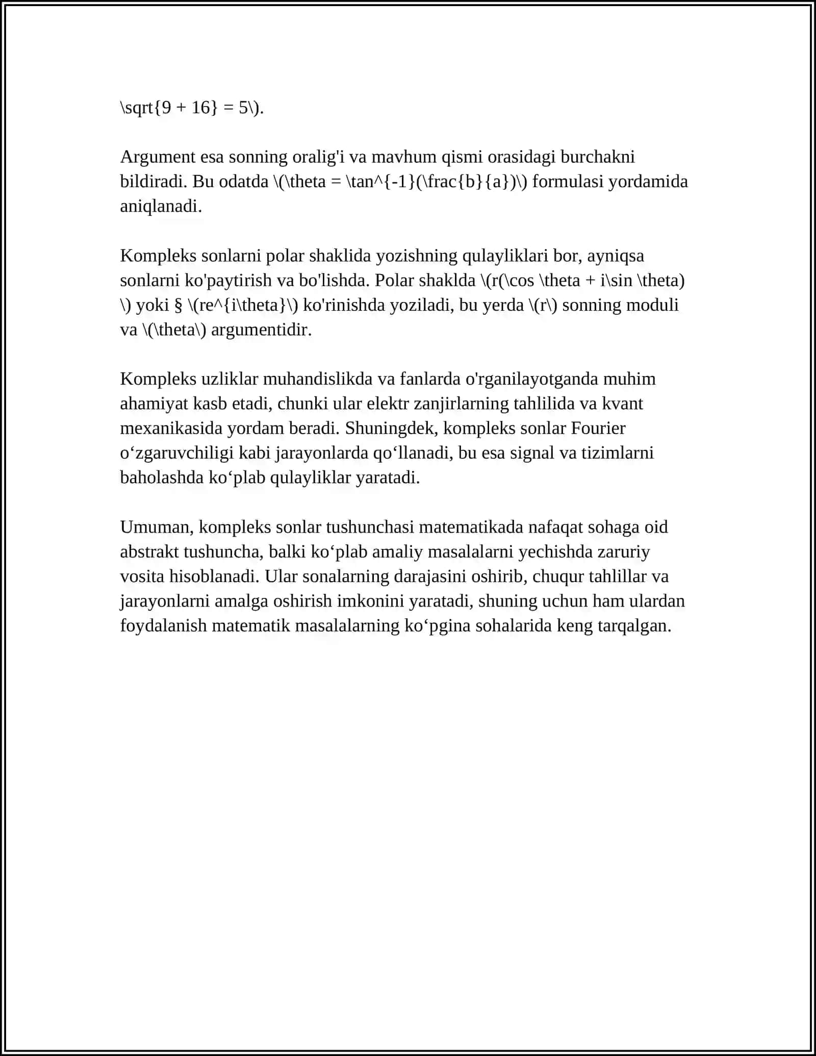 Complex Sonlar va Ularni Amallar bo'yicha Mustaqil Ish 4