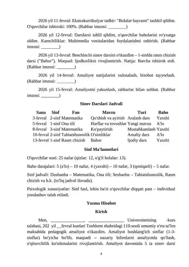 PEDAGOGIK AMALIYOT HISOBOTI. MAKTAB BOYICHA 4