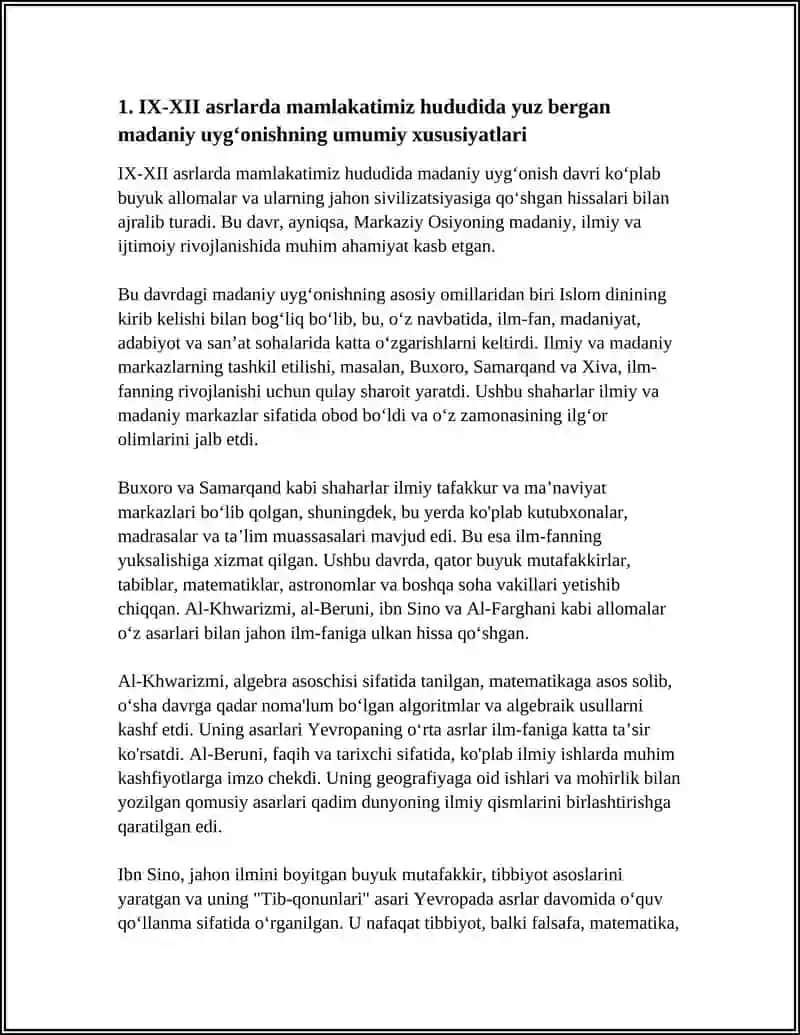 IX-XII ASRLARDA MAMLAKATIMIZ HUDUDIDA ROʻY BERGAN MADANIY UYGʻONISH. BUYUK ALLOMALARNING JAHON SVILIZATSIYASIGA QOʻSHGAN HISSASI 4