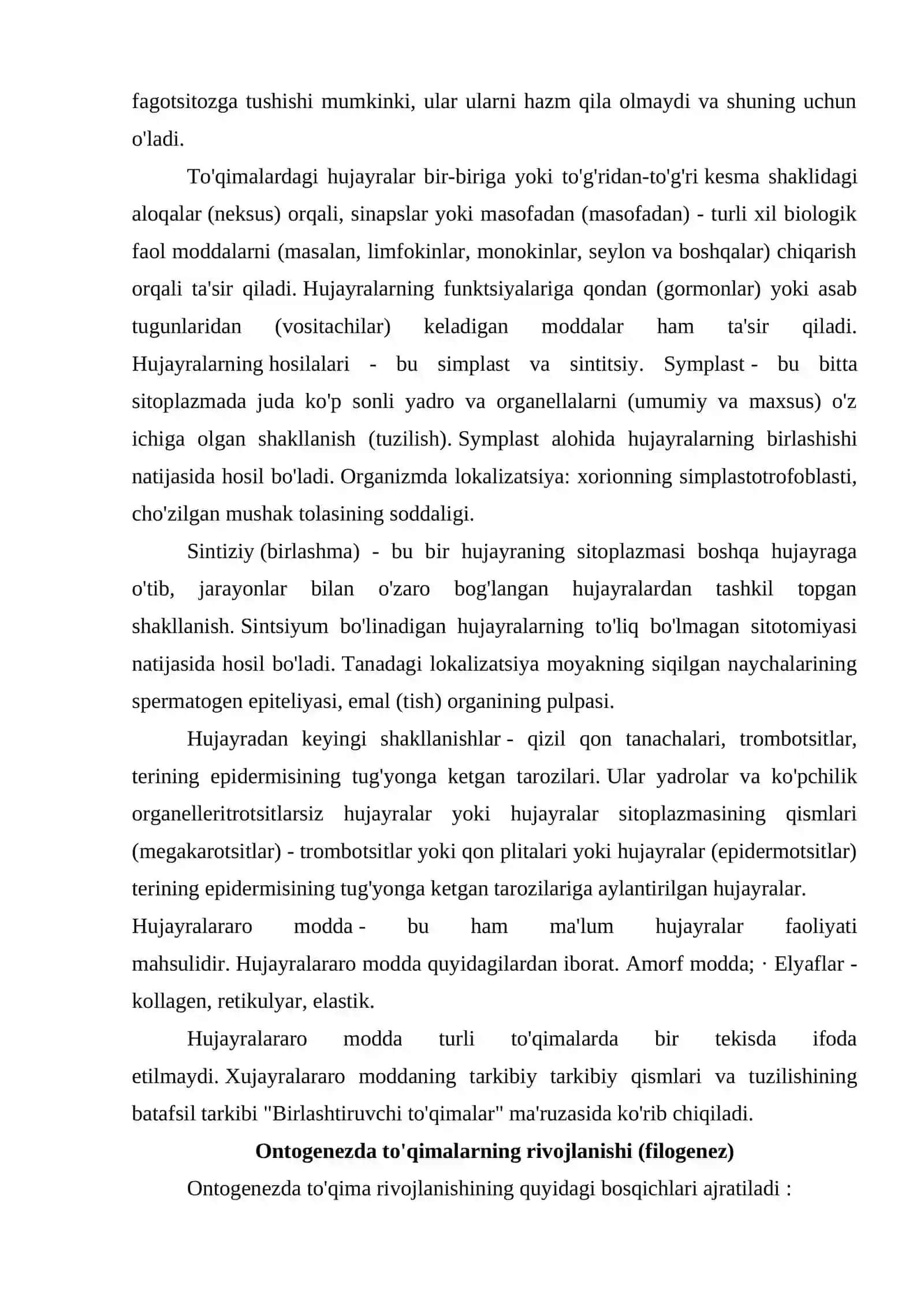 To`qimalarning ontogenik, filogenik rivojlanishi 4